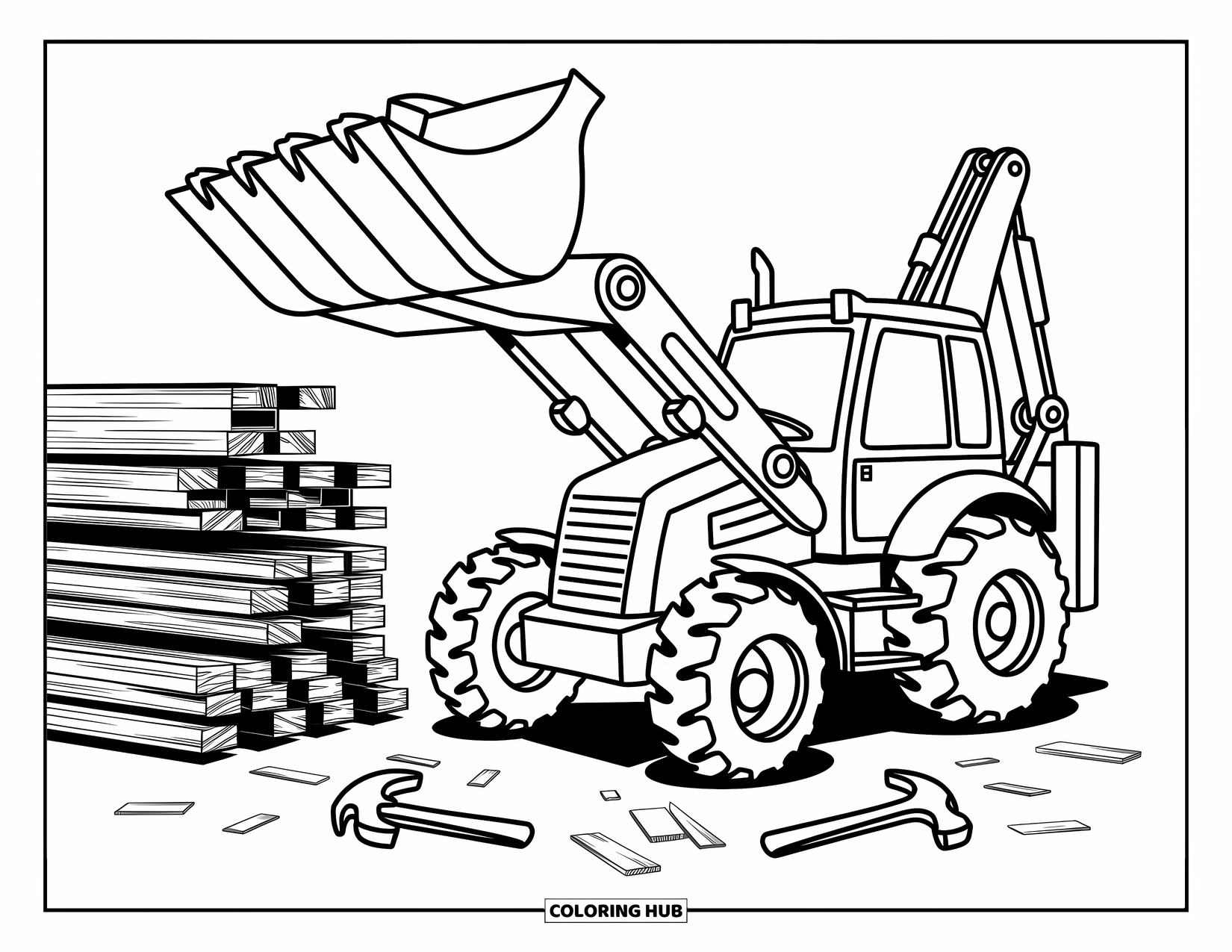 Construction Vehicle Coloring Page for Adults: A backhoe with raised scoop sits beside a hammer, wrench, and planks