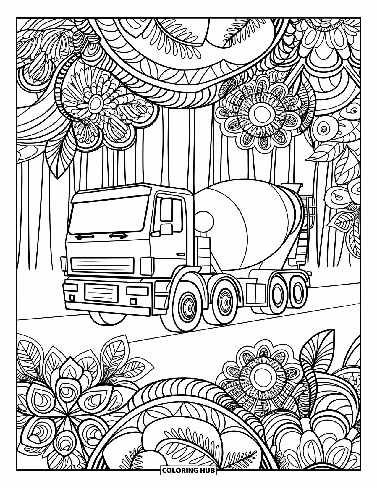 Construction Vehicle Coloring Page for Adults: A cement mixer truck is framed by floral mandalas and tall trees
