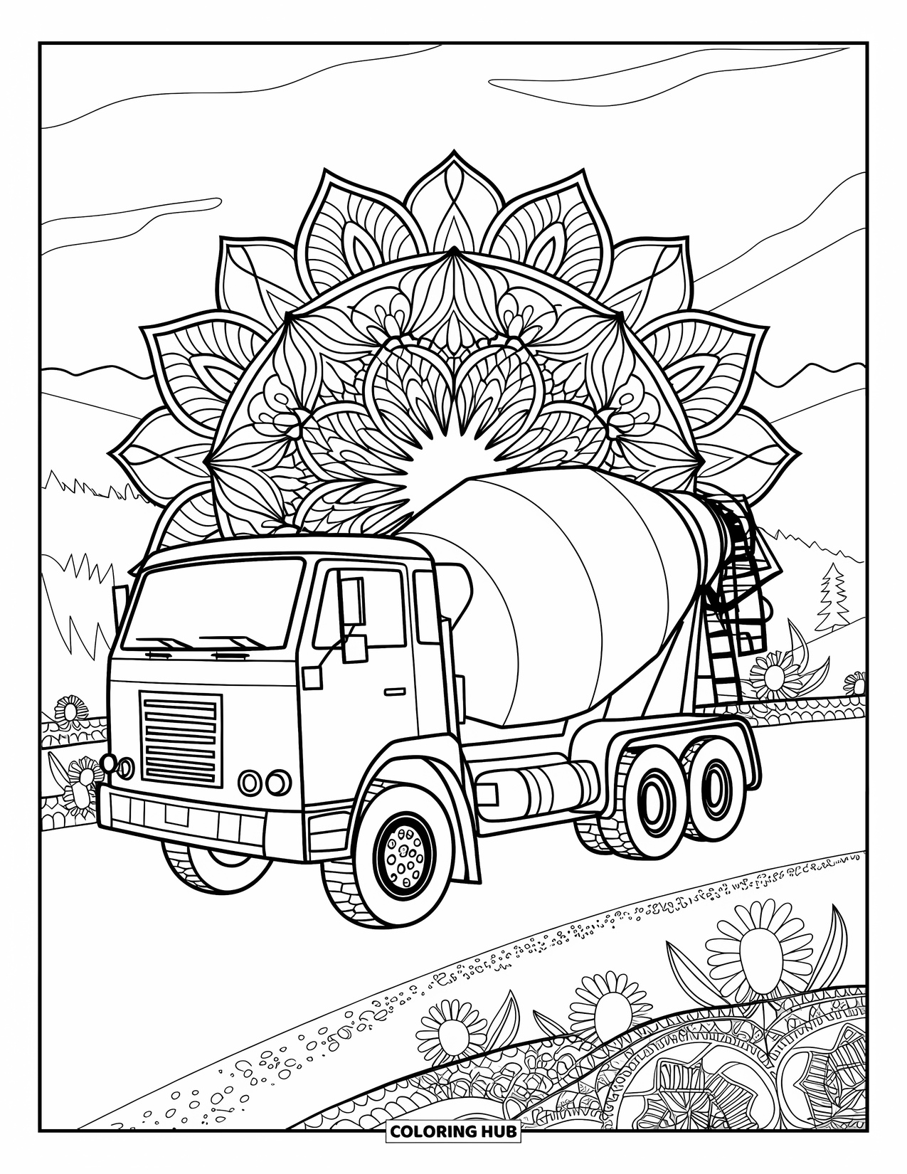 Construction Vehicle Coloring Page for Adults: A cement mixer truck with flowers and mandalas rests in a scenic landscape