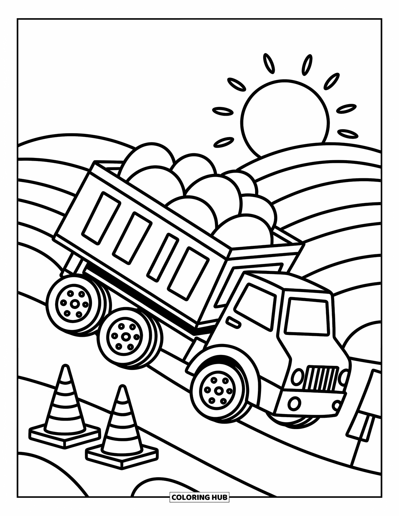 Construction Vehicle Coloring Page for Adults: A dump truck carries boulders with cones and a simple road sign nearby