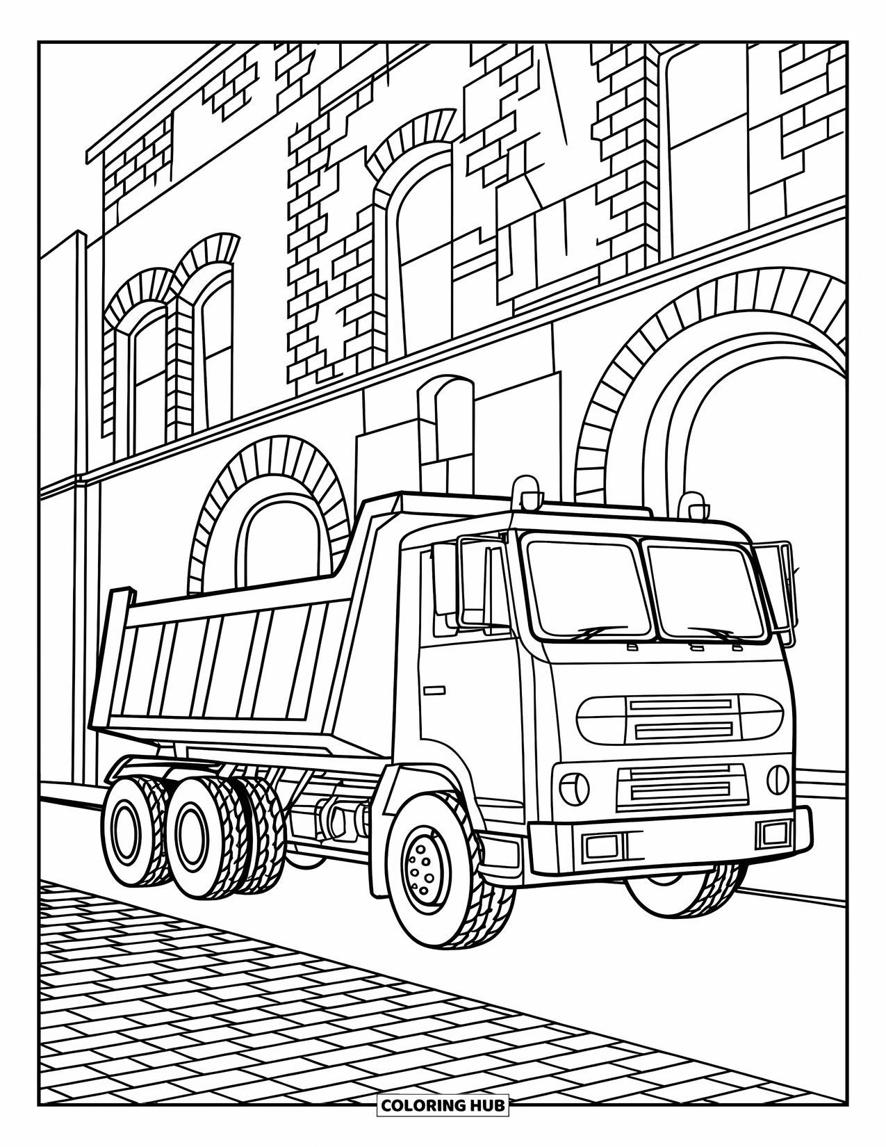 Construction Vehicle Coloring Page for Adults: A dump truck framed by stained glass is parked near a brick building