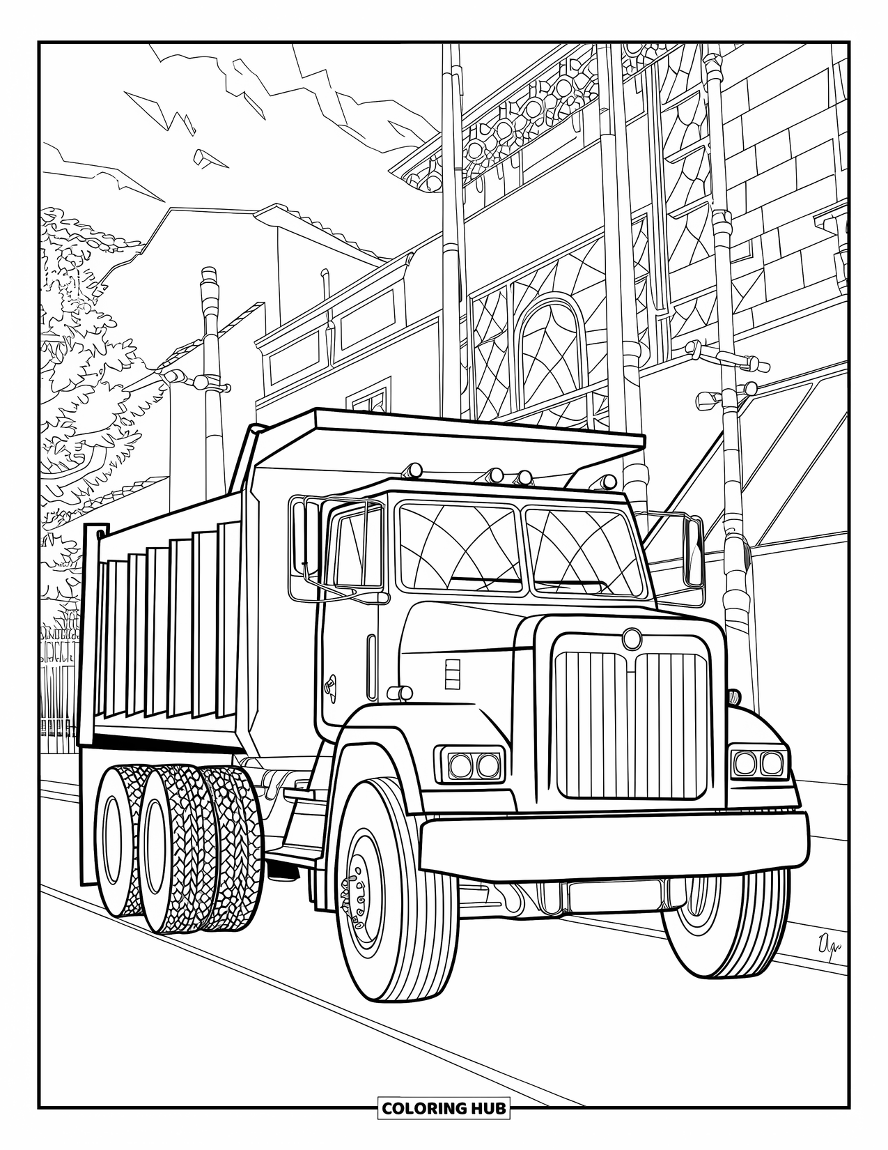 Construction Vehicle Coloring Page for Adults: A dump truck framed by stained glass stands on a city street