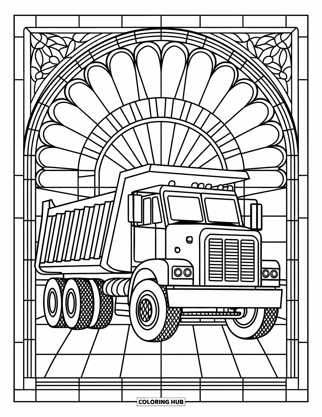Construction Vehicle Coloring Page for Adults: A dump truck with stained glass patterns is shown in the foreground