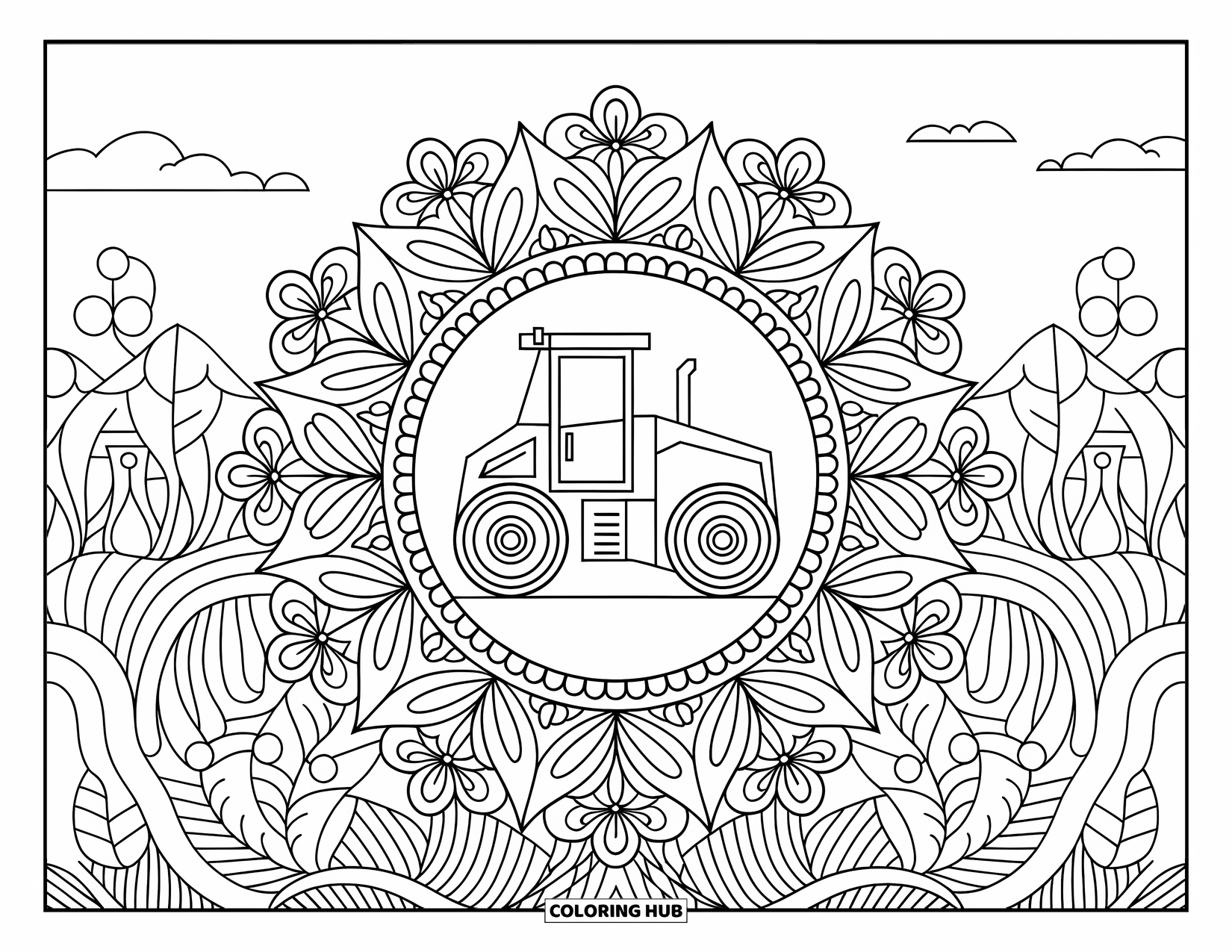 Construction Vehicle Coloring Page for Adults: A road roller rests in the center of a floral mandala with mountain scenery