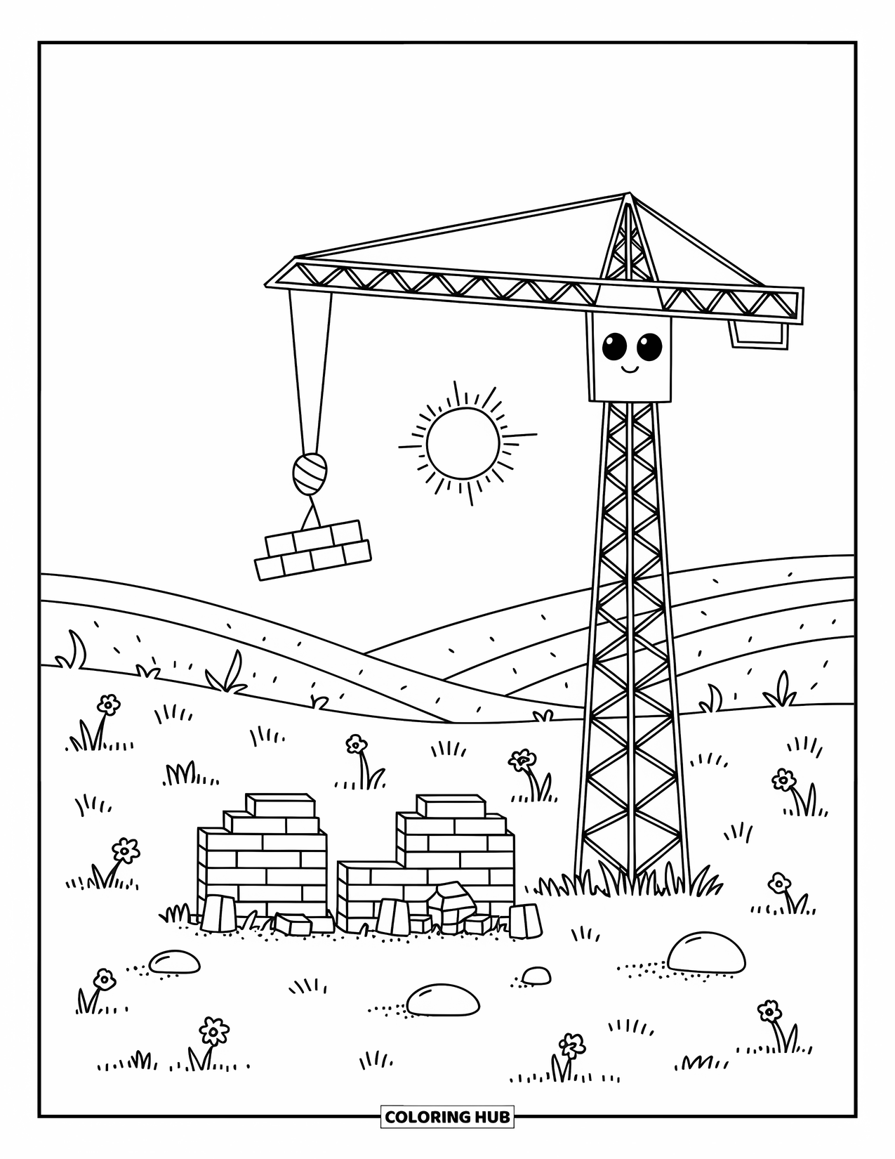 Construction Vehicle Coloring Page for Adults: A tall tower crane lifts a block above small stacks of bricks and planks