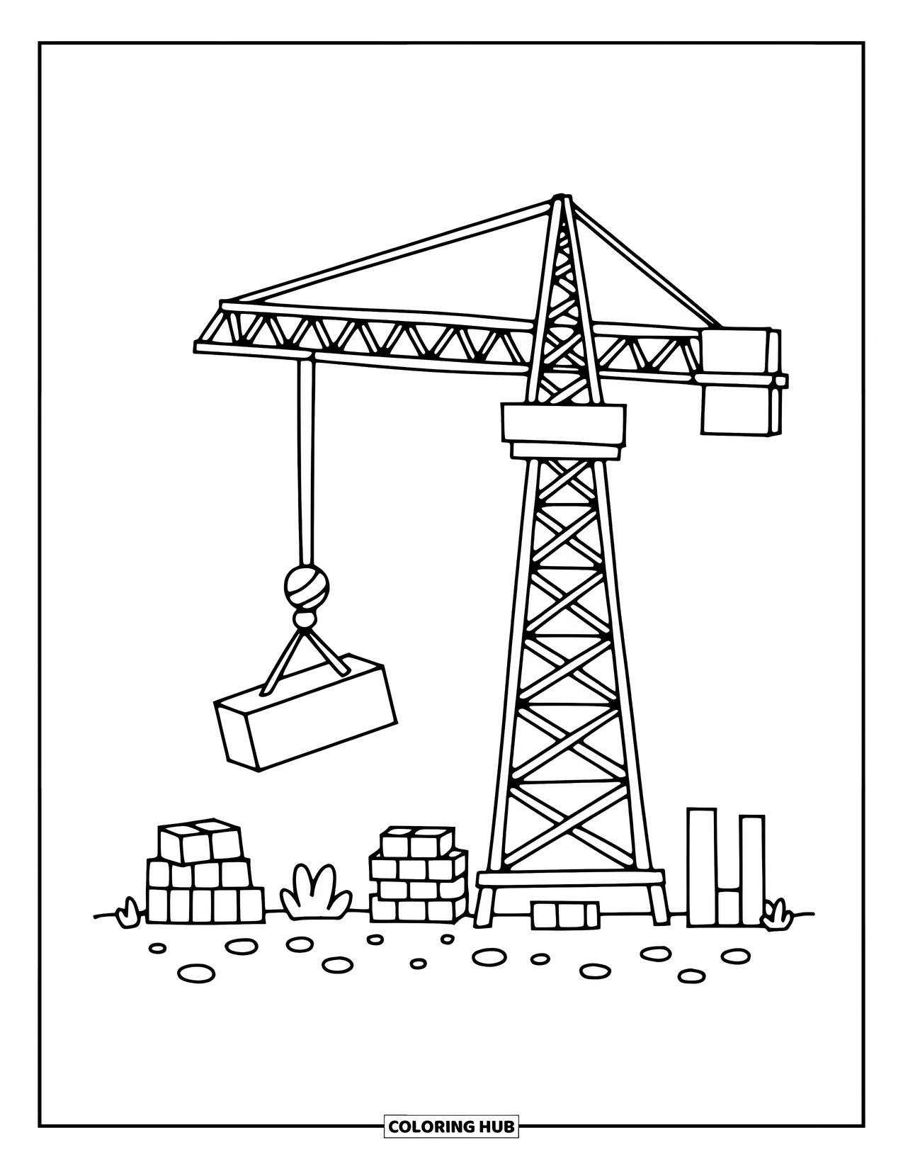 Construction Vehicle Coloring Page for Adults: A tower crane with round hook lifts a block over bricks and planks