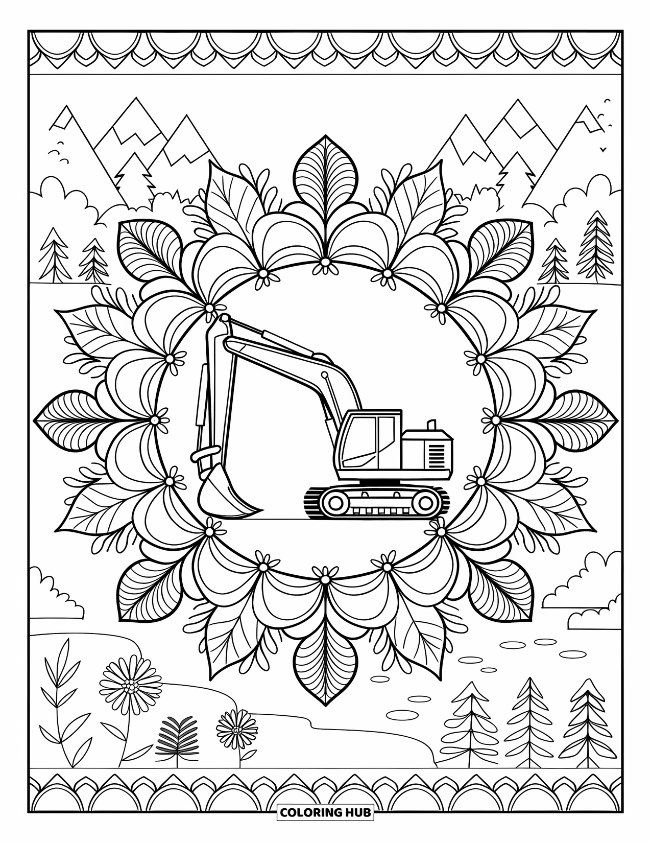 Construction Vehicle Coloring Page for Adults: An excavator in a floral mandala is framed by mountains and trees