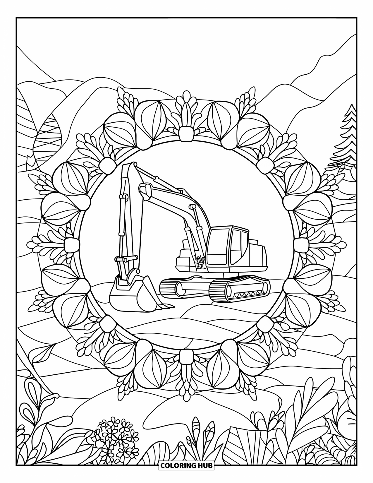 Construction Vehicle Coloring Page for Adults: An excavator on rocky terrain is centered in a botanical mandala