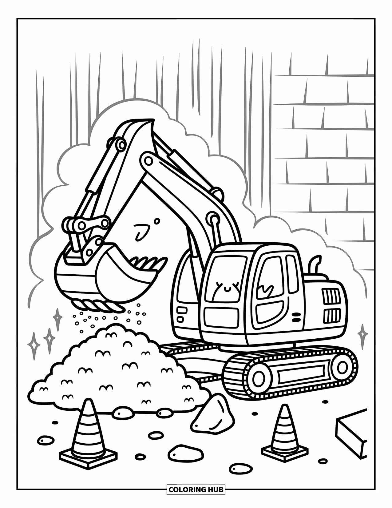 Construction Vehicle Coloring Page for Adults: An excavator scoops dirt with cones, a barrier, and scattered pebbles