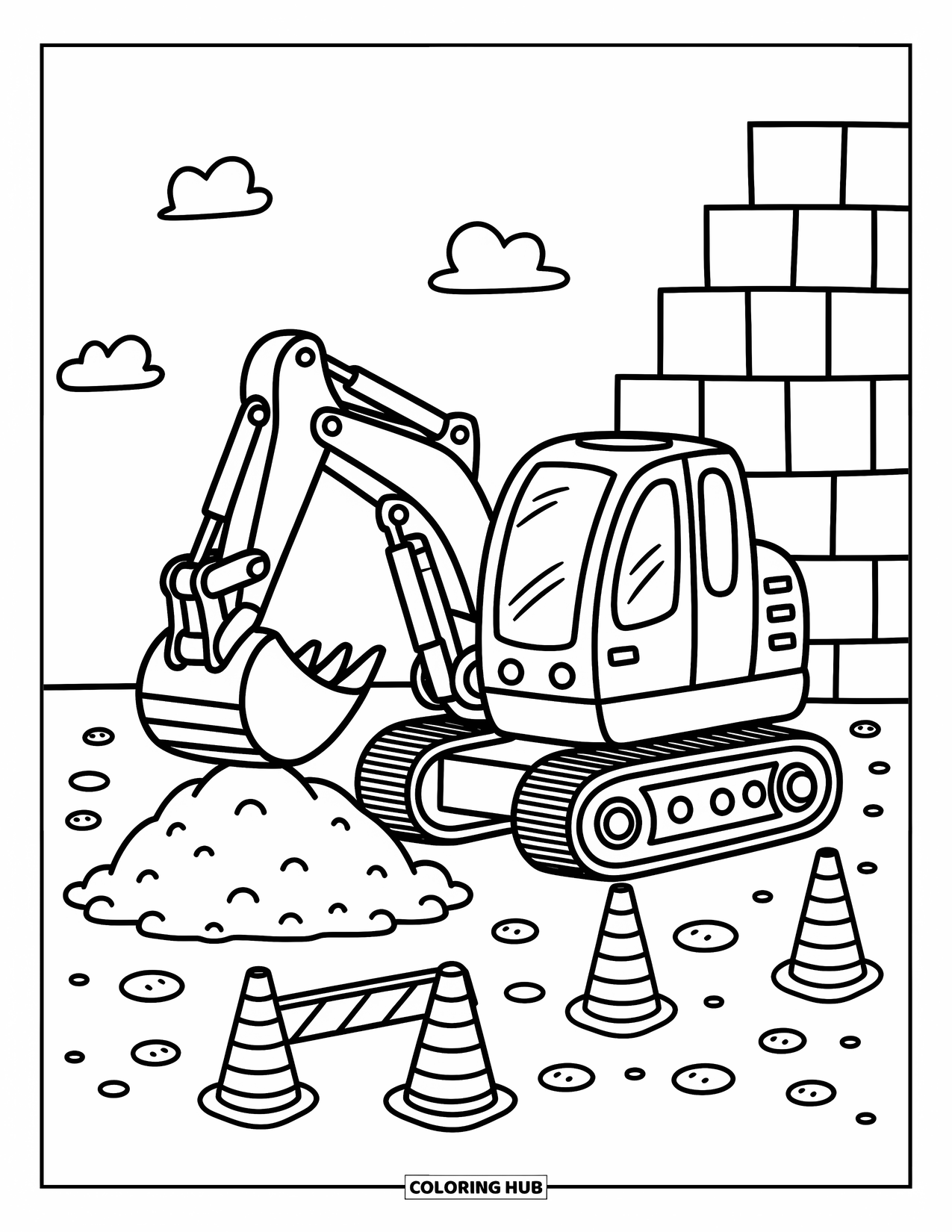 Construction Vehicle Coloring Page for Adults: An excavator scoops earth with traffic cones and a half-built wall behind