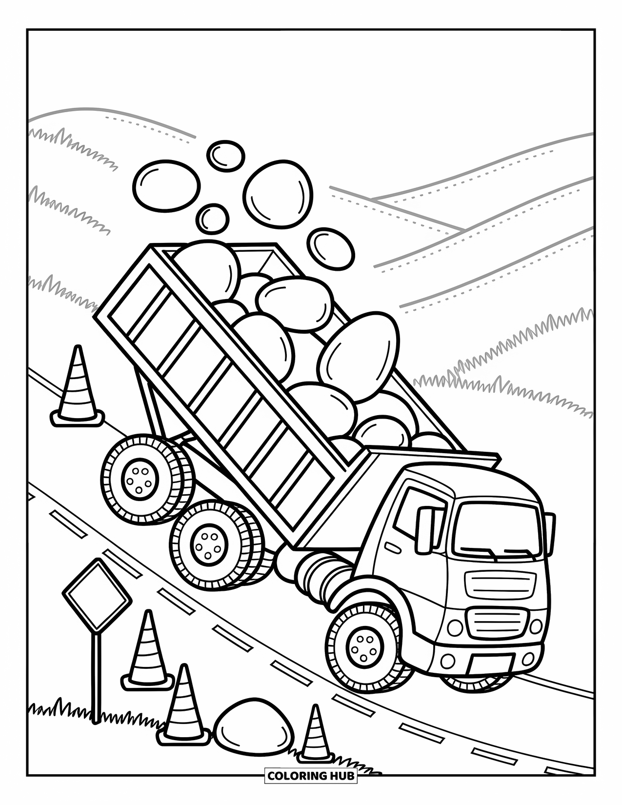 Construction Vehicle Coloring Page for Adults: An oversized dump truck brims with boulders, cones, and a road sign