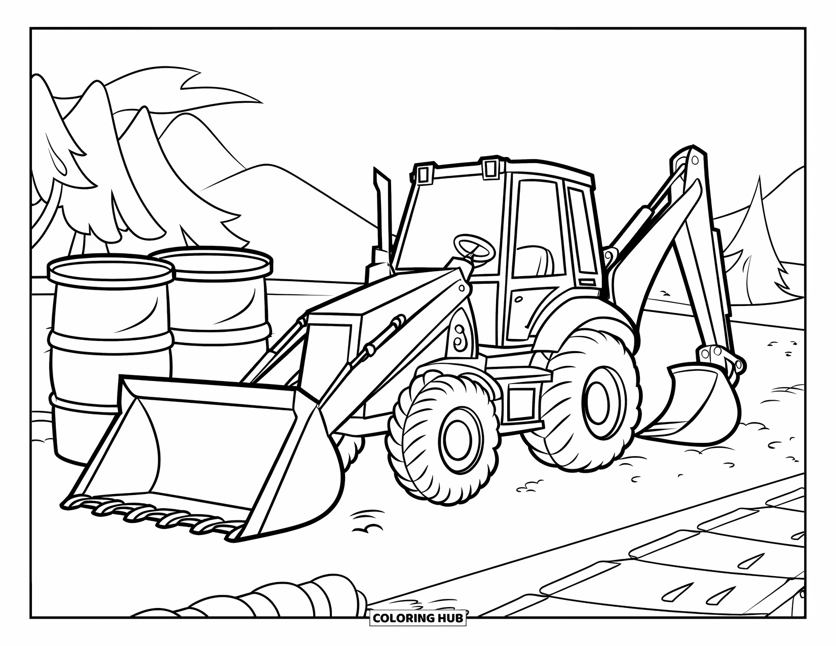 Construction Vehicle Coloring Page for Kids: A backhoe digs by barrels and roads with mountains and trees in the distance