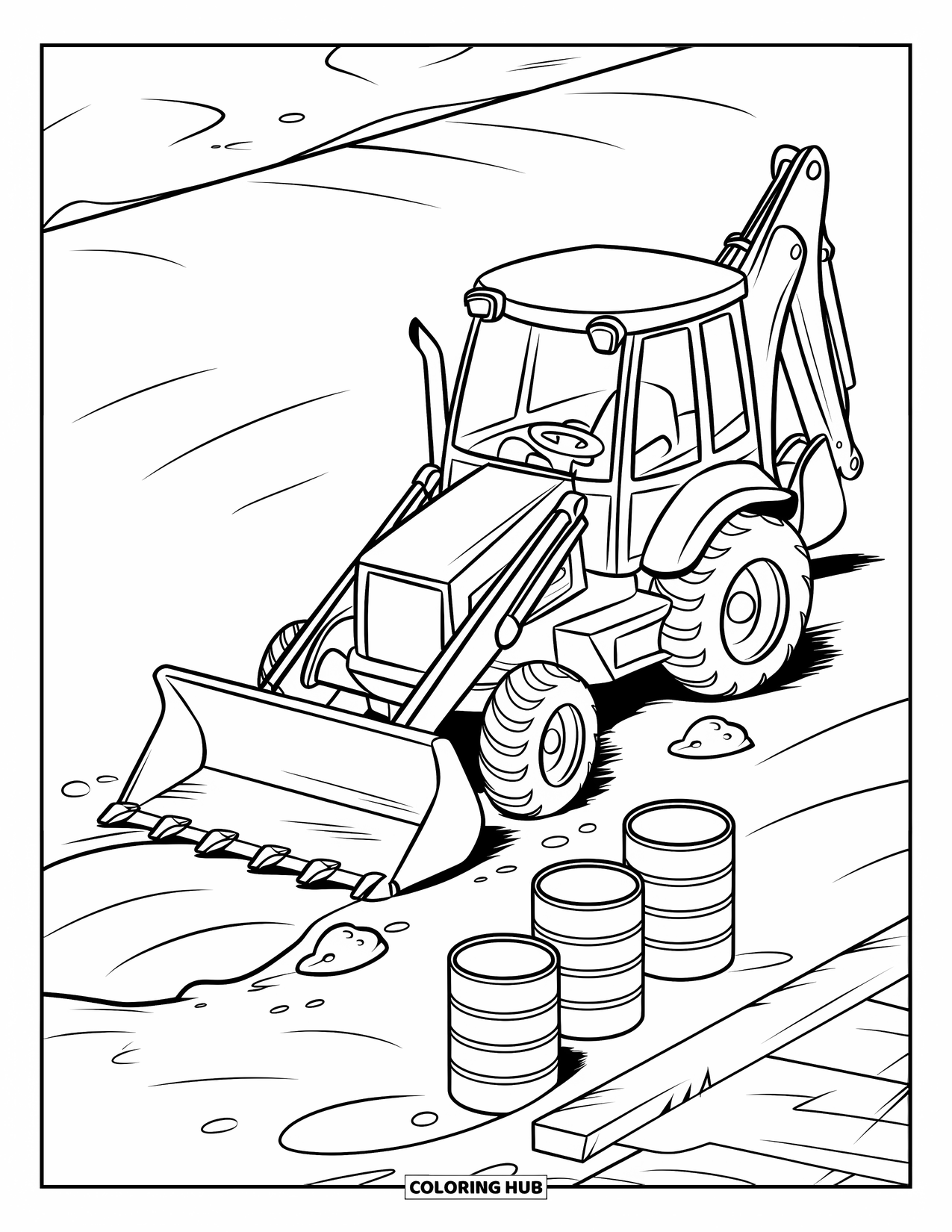 Construction Vehicle Coloring Page for Kids: A backhoe digs dirt near barrels on a flat site
