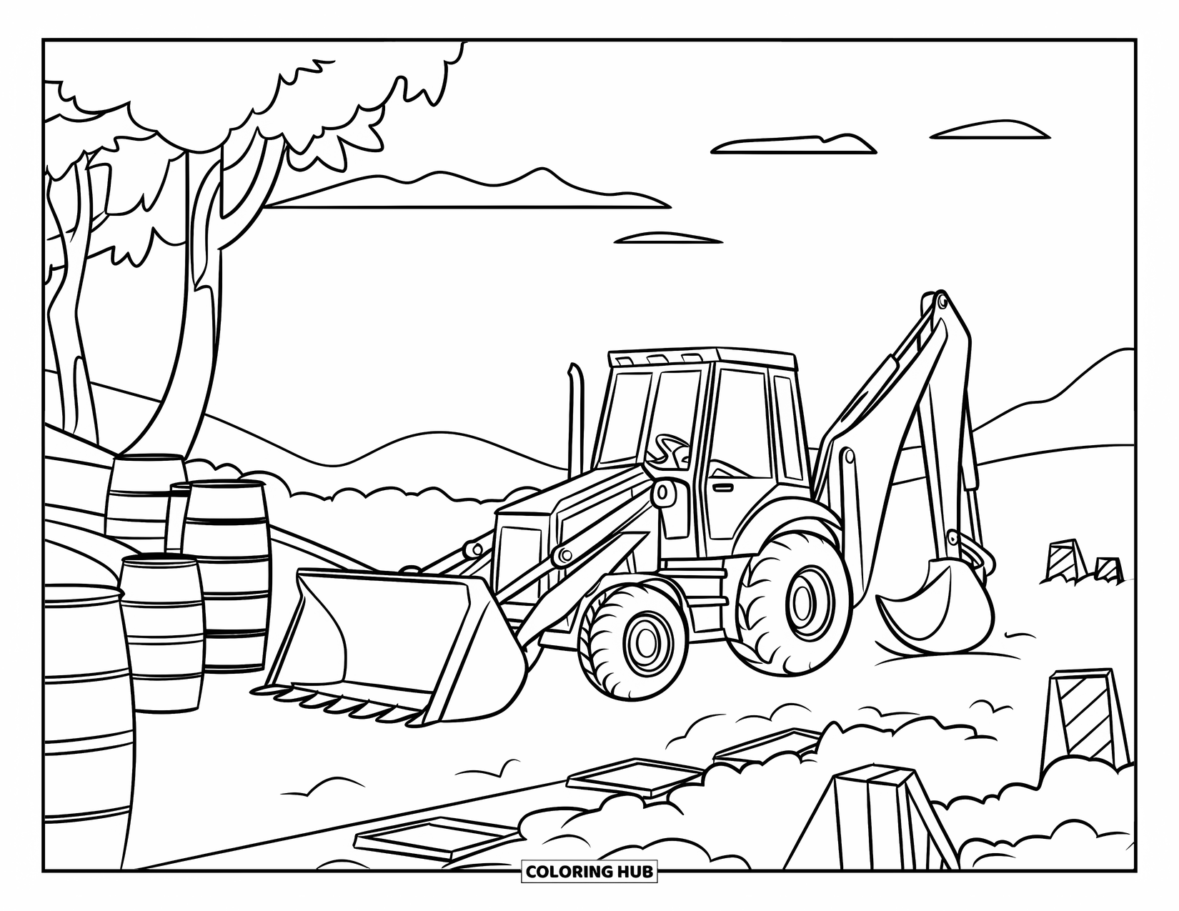 Construction Vehicle Coloring Page for Kids: A backhoe digs near barrels and unfinished roads with mountains and trees behind