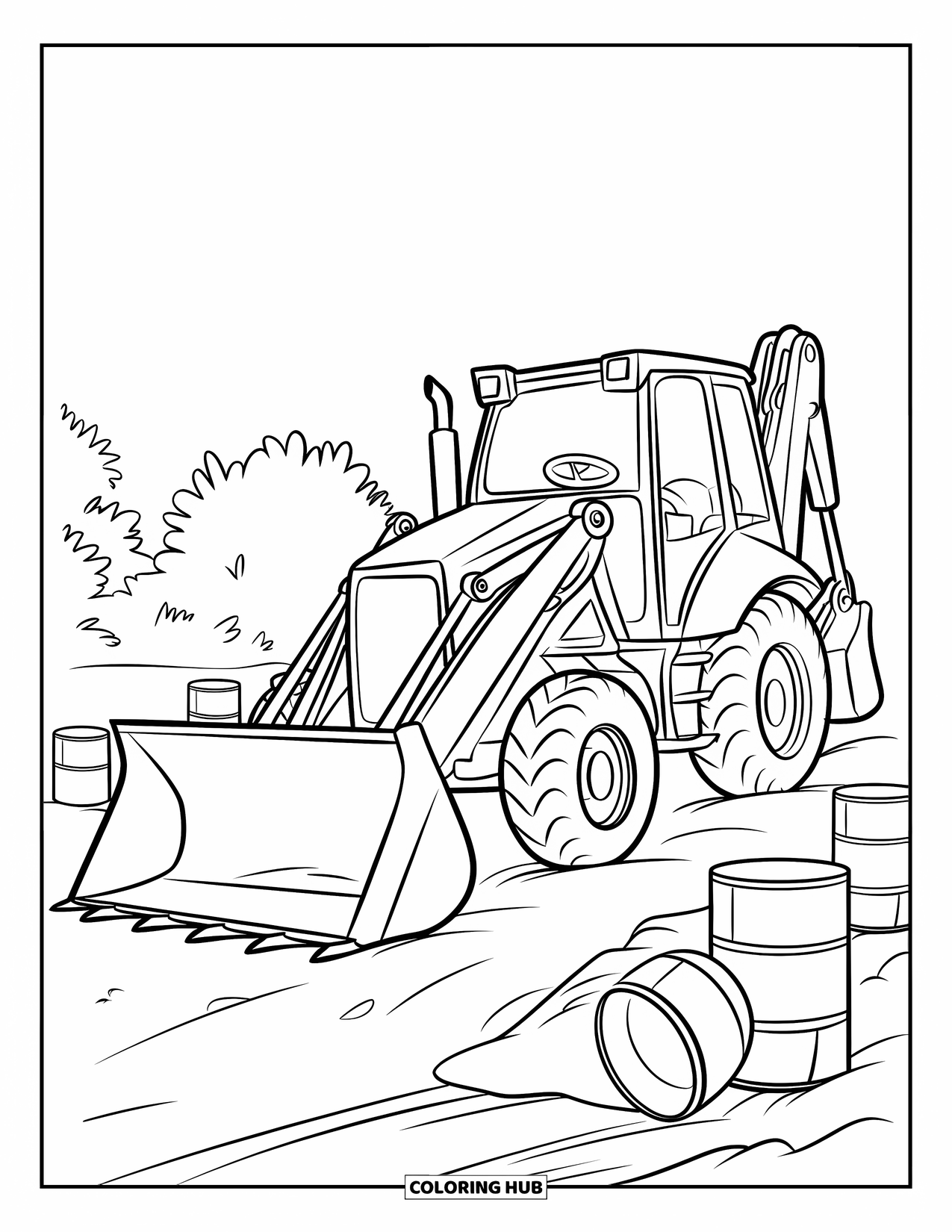Construction Vehicle Coloring Page for Kids: A backhoe digs near small construction barrels at a site