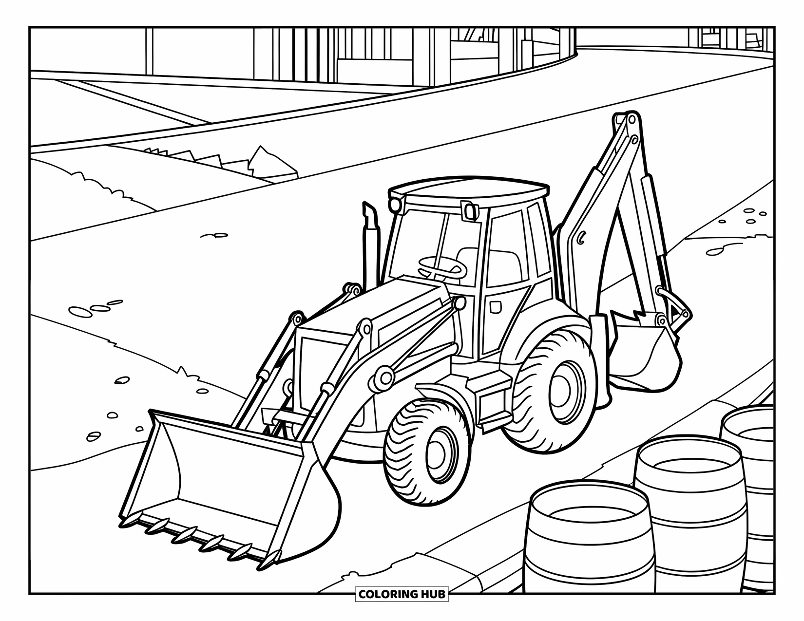 Construction Vehicle Coloring Page for Kids: A backhoe with raised bucket works near barrels, roads, and buildings