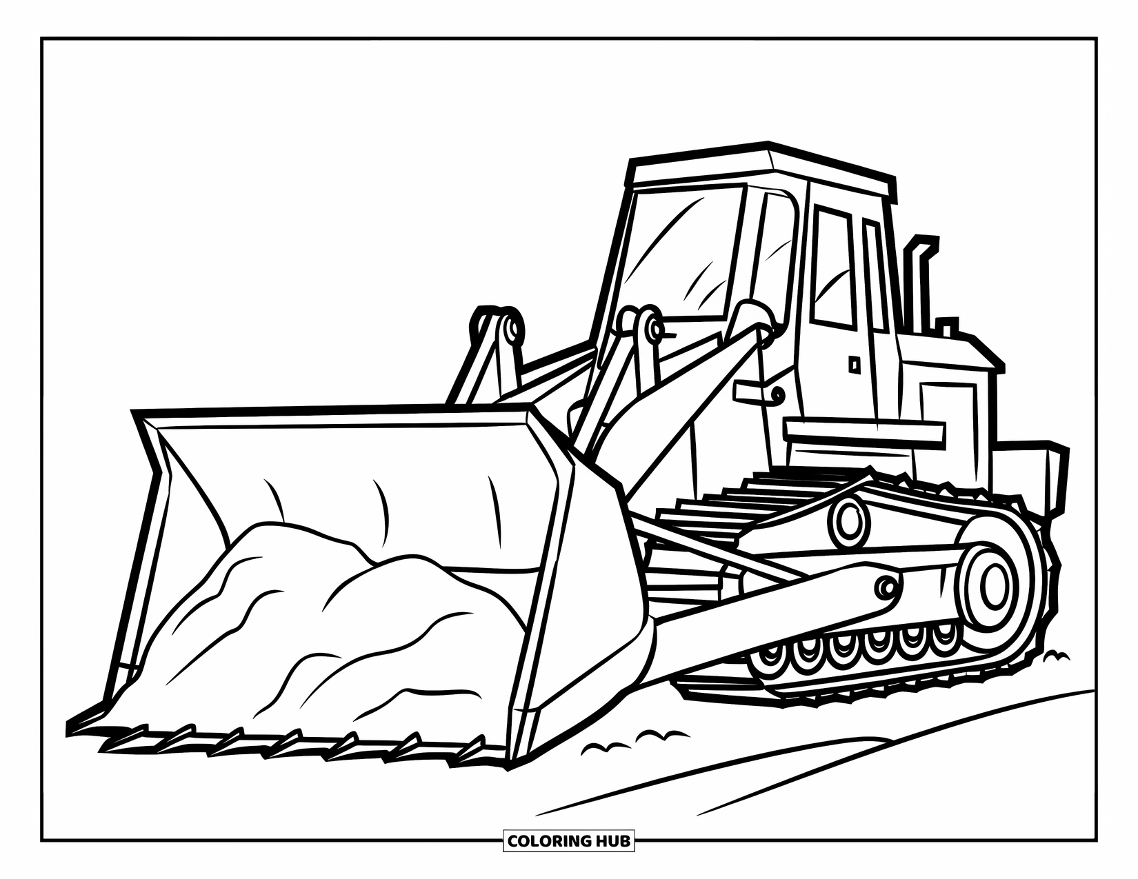 Construction Vehicle Coloring Page for Kids: A bulldozer pushes a mound of soil on a white background