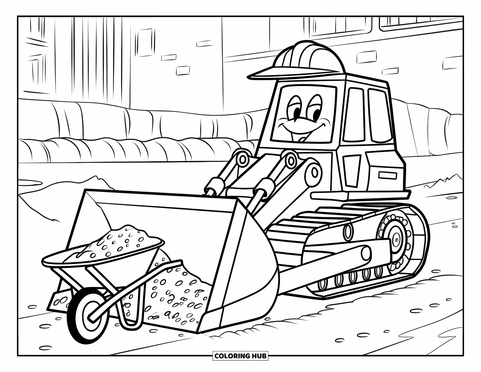 Construction Vehicle Coloring Page for Kids: A bulldozer with a face and hard hat pushes soil into a wheelbarrow