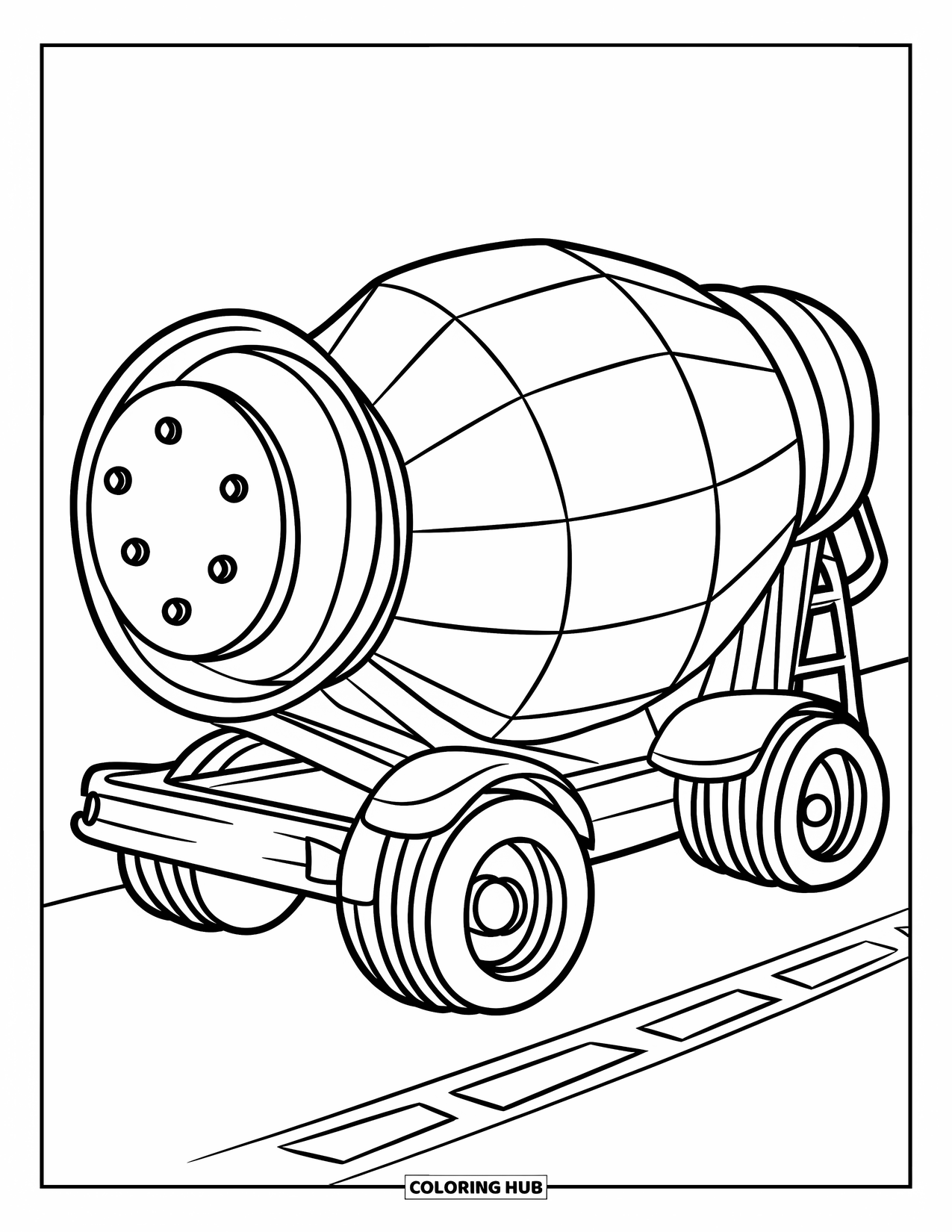 Construction Vehicle Coloring Page for Kids: A cement mixer with a big drum is parked on a road