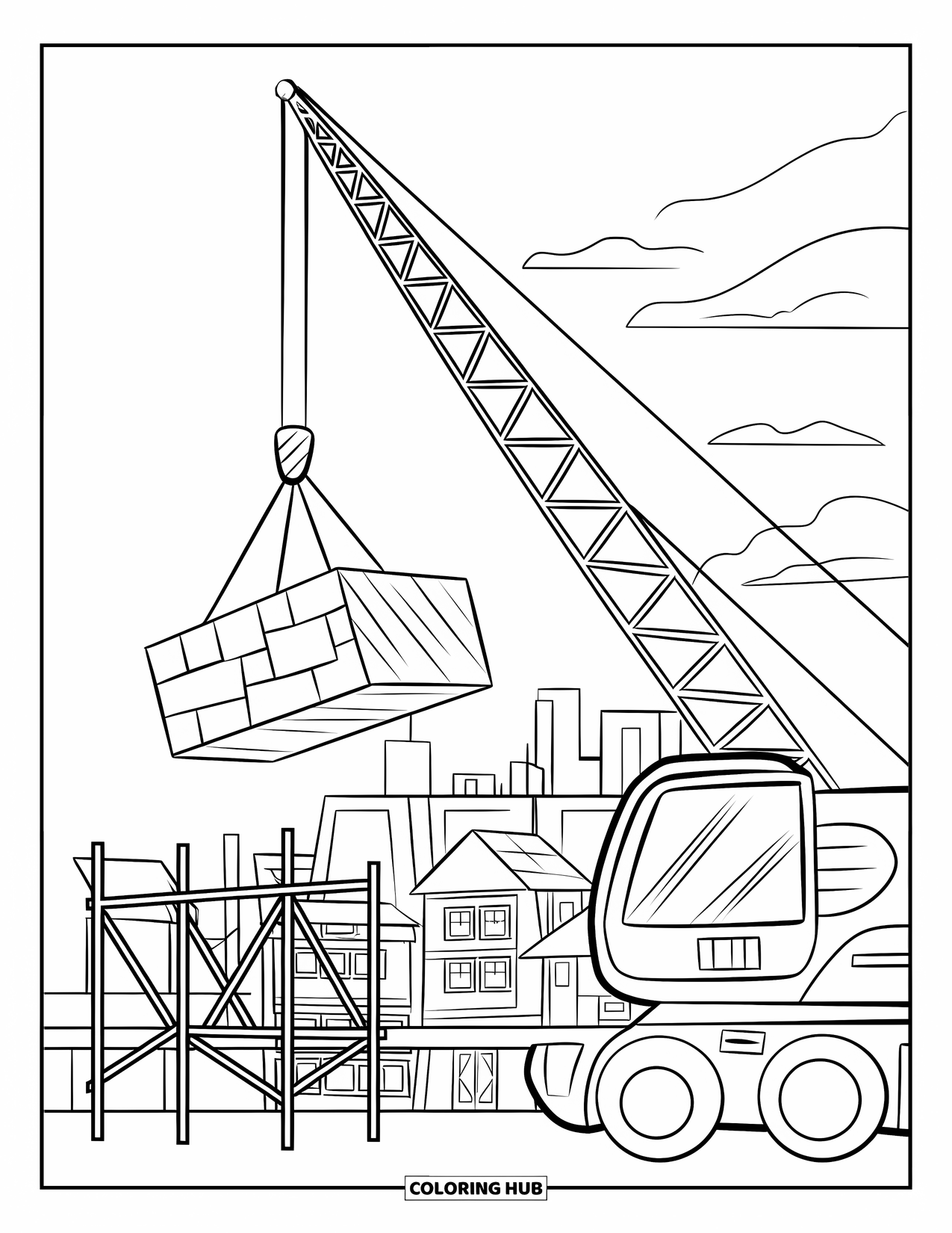 Construction Vehicle Coloring Page for Kids: A crane lifts a block over scaffolding with city buildings behind