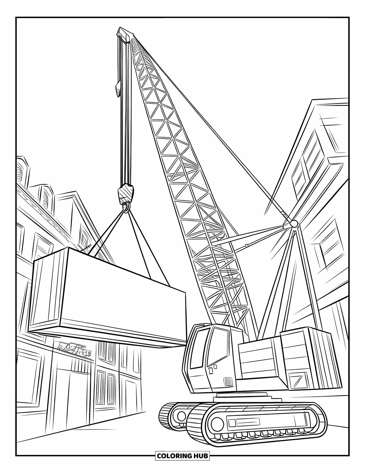 Construction Vehicle Coloring Page for Kids: A crane lifts a block over scaffolding with windows in the background