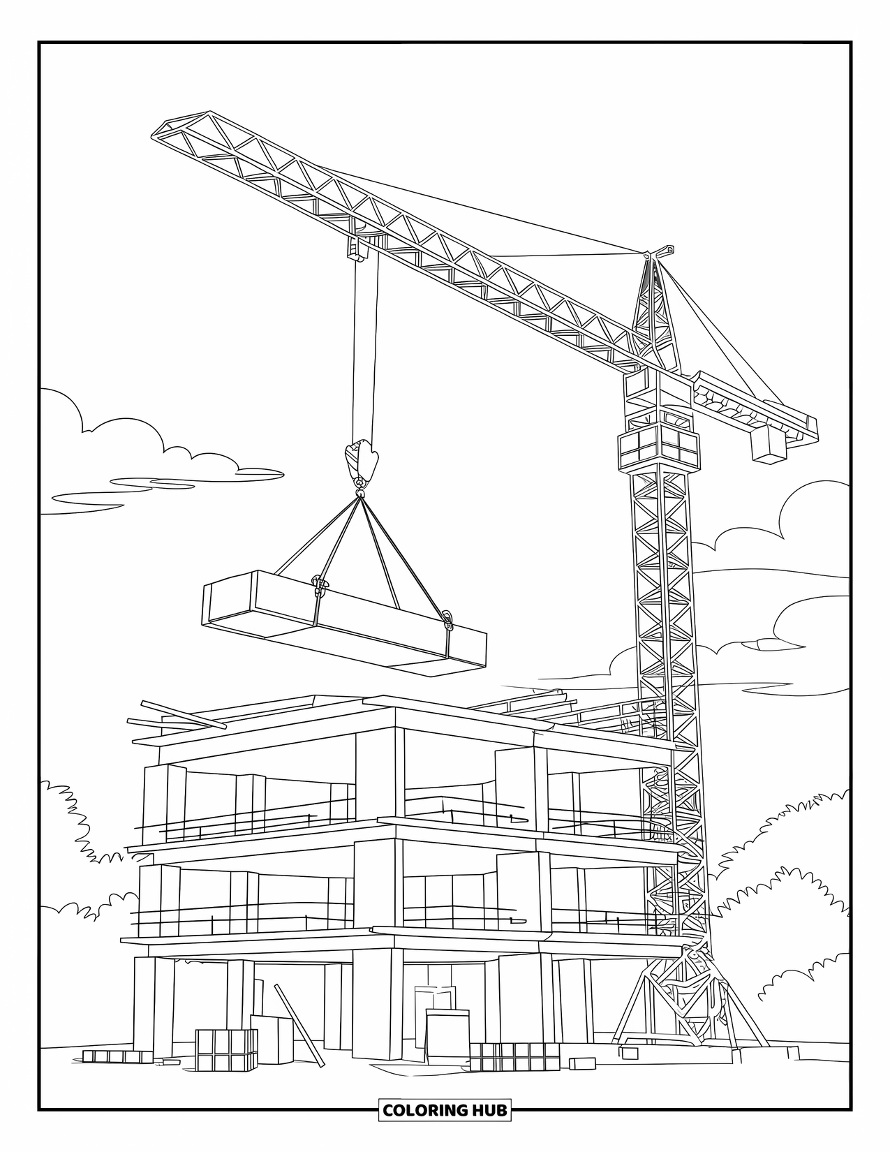 Construction Vehicle Coloring Page for Kids: A crane lifts a large box over an unfinished building with scattered equipment