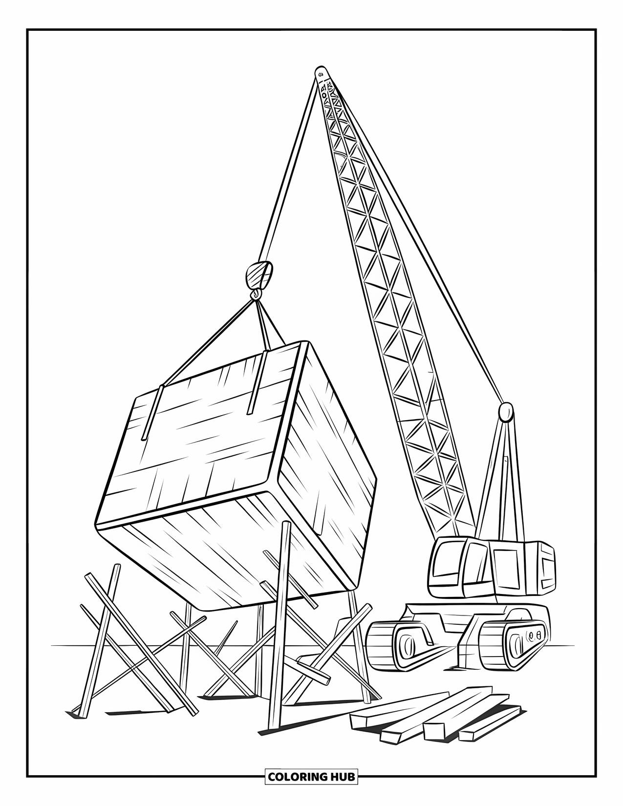 Construction Vehicle Coloring Page for Kids: A crane with a red roof lifts a block over scaffolding