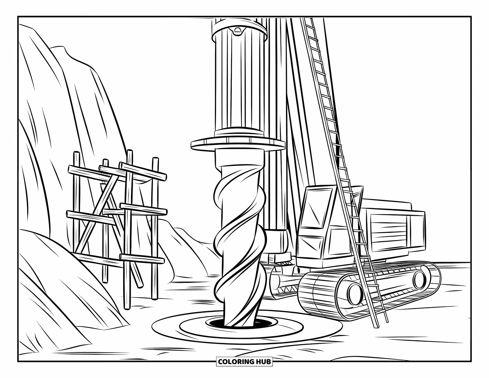 Construction Vehicle Coloring Page for Kids: A drilling rig bores into rocky ground with wooden scaffolding nearby