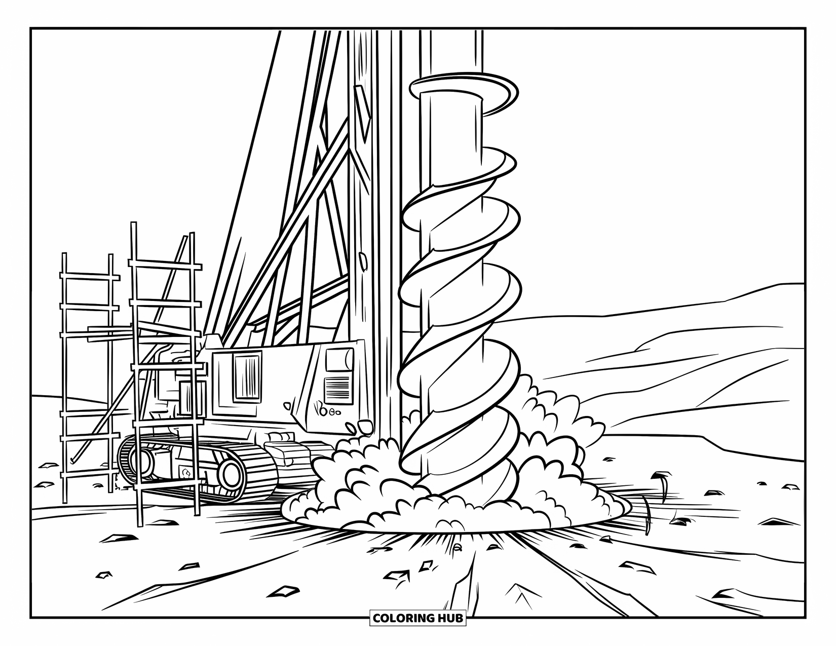 Construction Vehicle Coloring Page for Kids: A drilling rig spins its drill with dust rising and scaffolding beside it