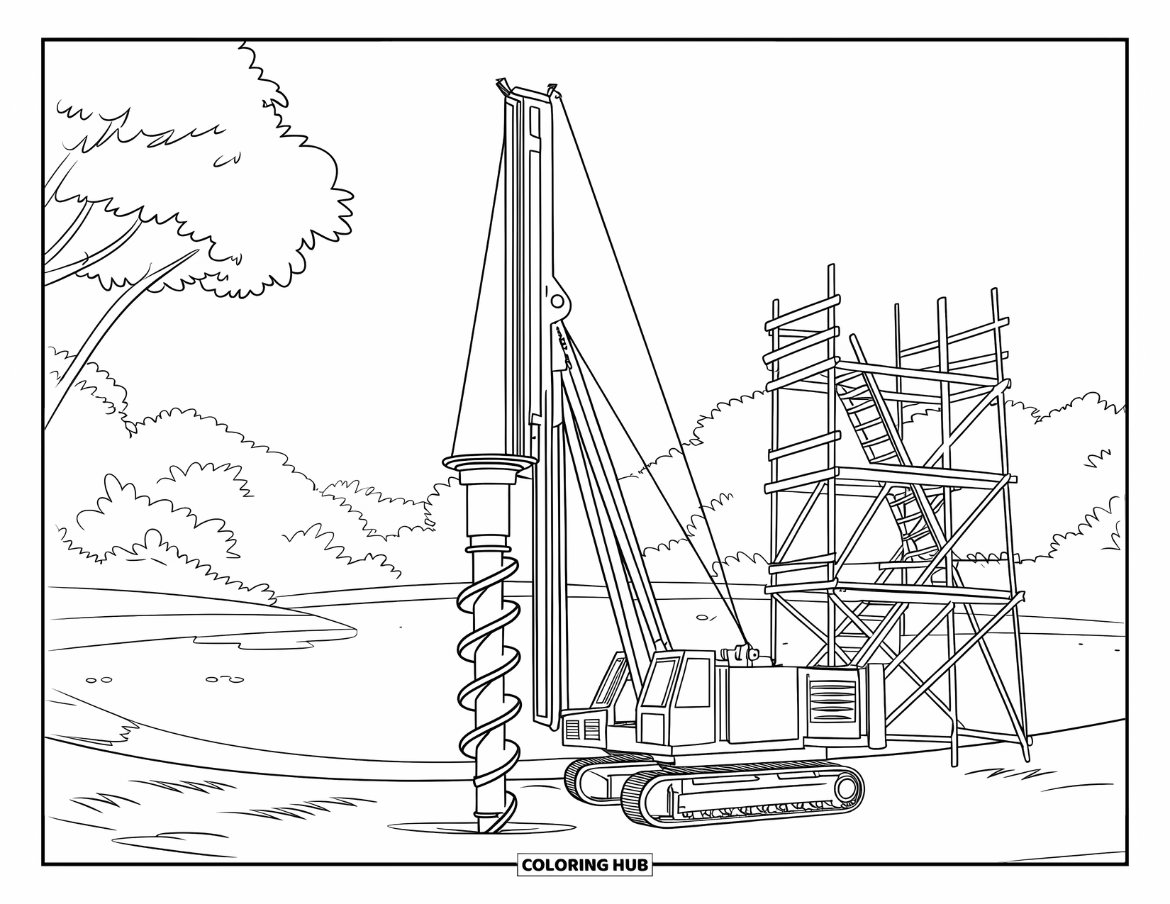 Construction Vehicle Coloring Page for Kids: A drilling rig spins on a platform with ladders, scaffolding, and trees nearby