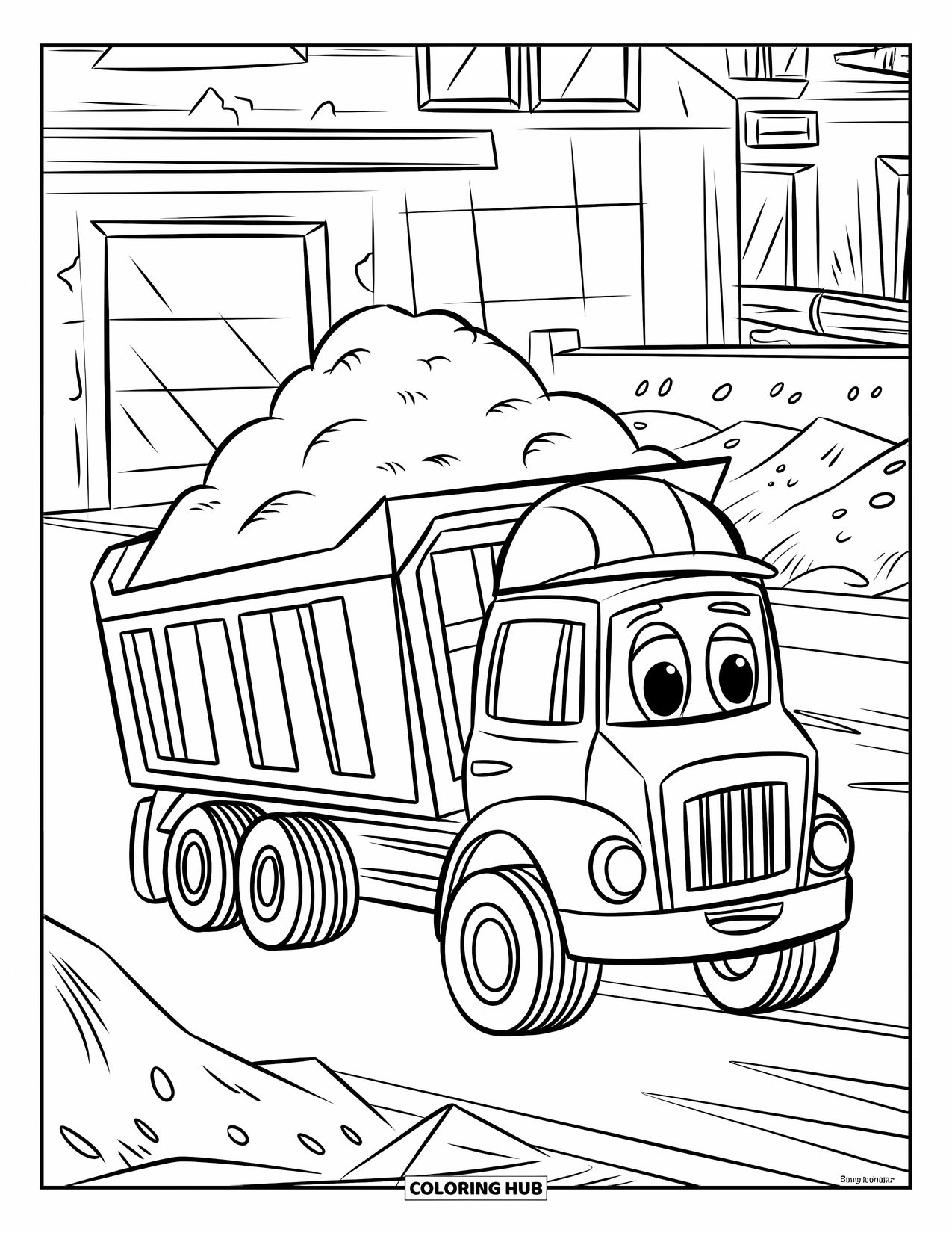 Construction Vehicle Coloring Page for Kids: A dump truck with a smile and hard hat carries dirt with a tunnel