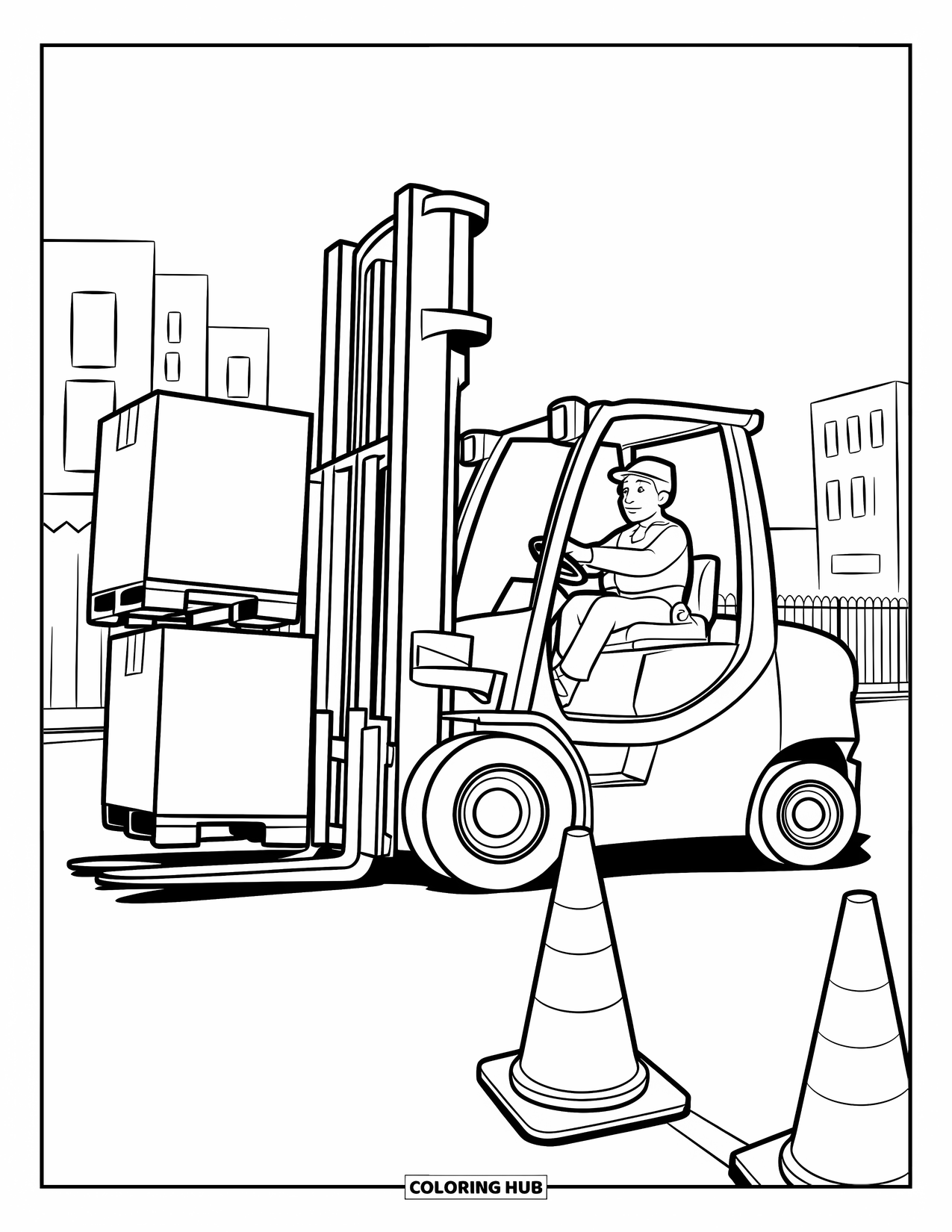 Construction Vehicle Coloring Page for Kids: A forklift stacks boxes near cones at a construction site