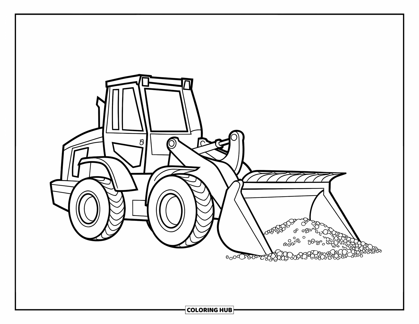 Construction Vehicle Coloring Page for Kids: A front loader moves soil beside a dirt pile