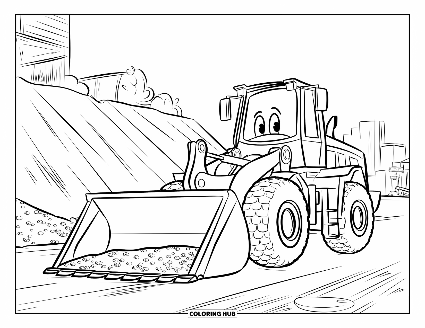 Construction Vehicle Coloring Page for Kids: A front loader with a face lifts soil at a construction site