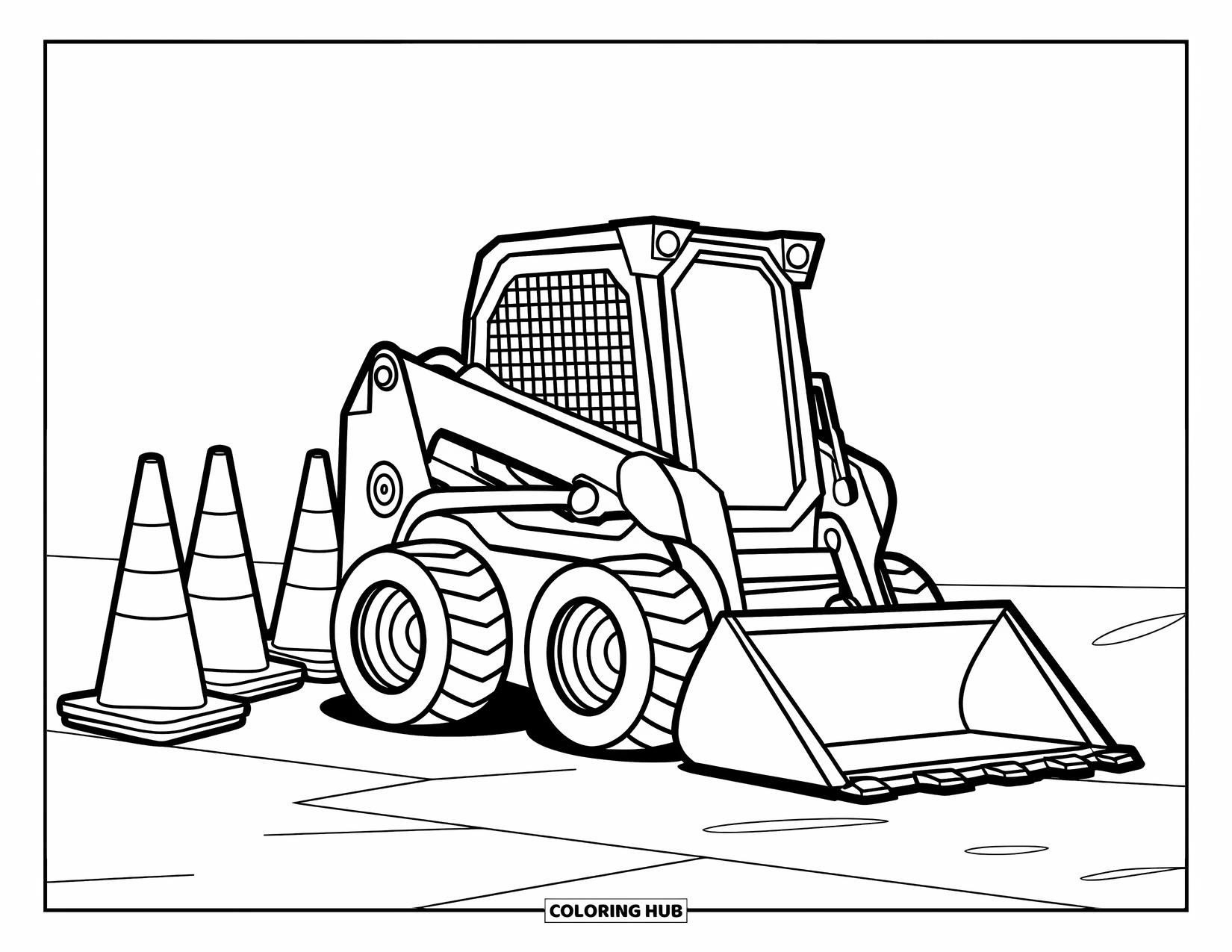 Construction Vehicle Coloring Page for Kids: A loader with bucket sits near cones on a flat surface