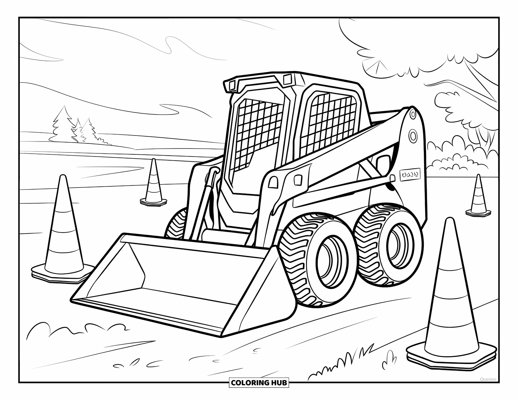 Construction Vehicle Coloring Page for Kids: A skid steer loader with bold colors is parked with cones in a field