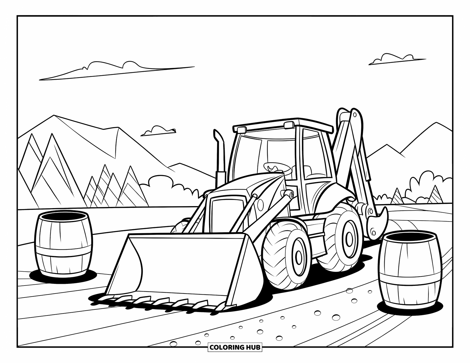 Construction Vehicle Coloring Page for Kids: A smiling backhoe digs beside barrels and roads with mountains and clouds