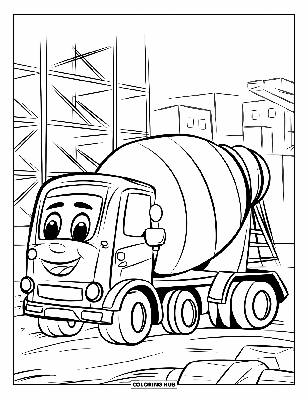 Construction Vehicle Coloring Page for Kids: A smiling cement mixer truck turns its drum at a construction site