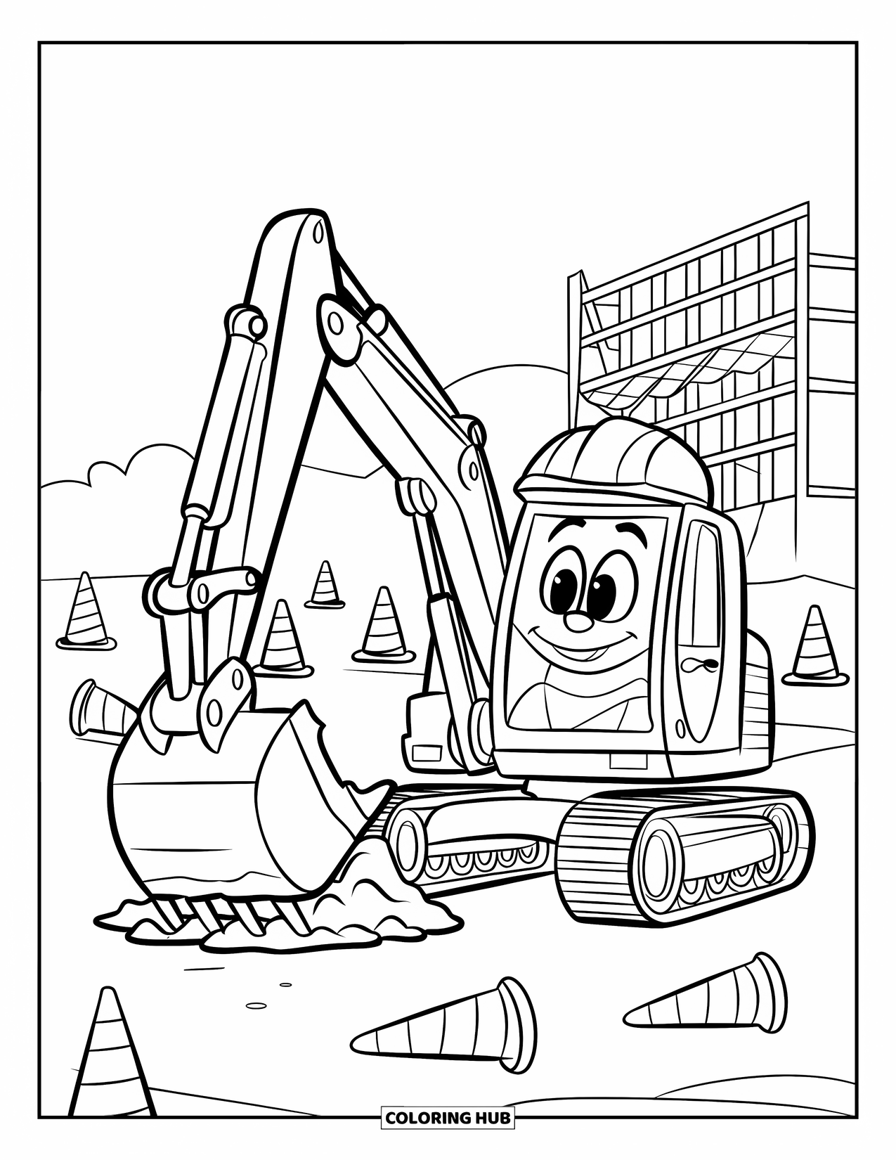 Construction Vehicle Coloring Page for Kids: A smiling excavator in a hard hat scoops dirt with cones around