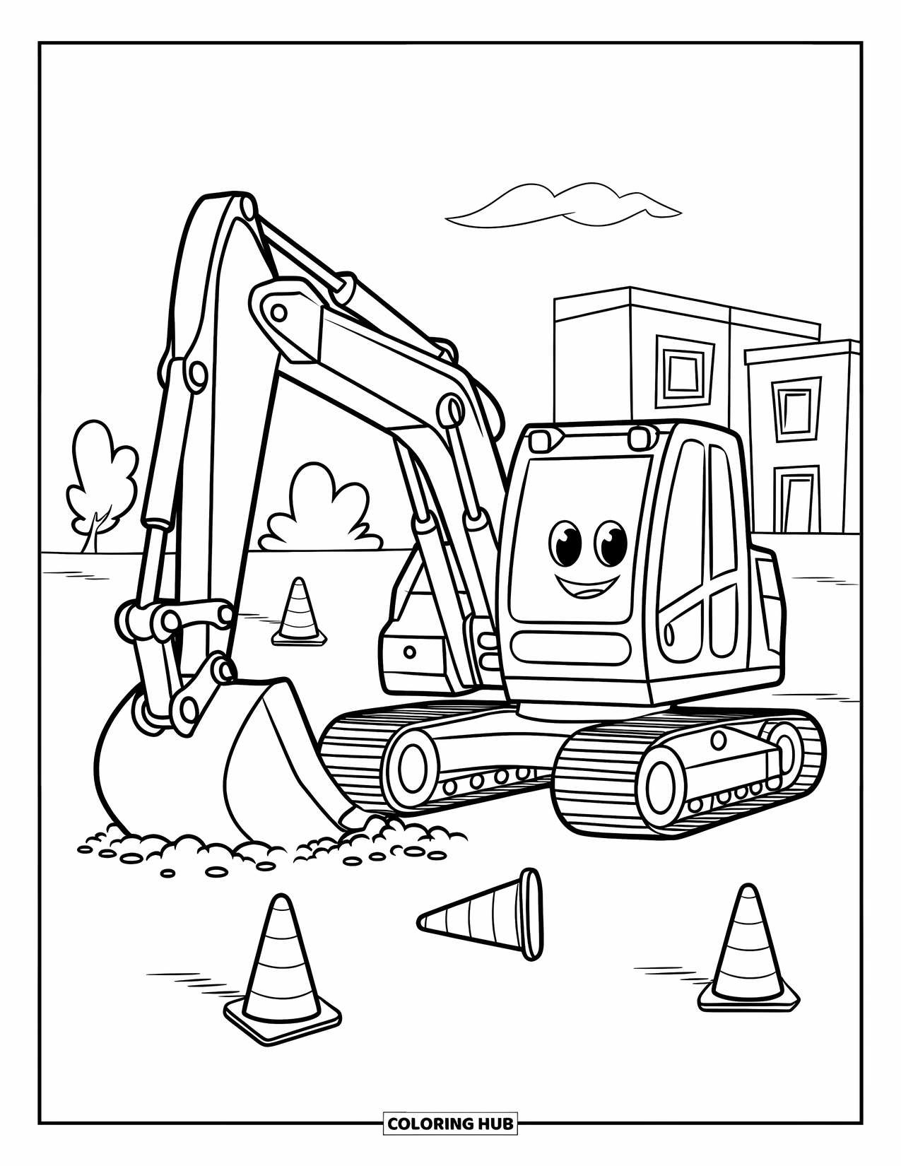 Construction Vehicle Coloring Page for Kids: A smiling excavator scoops dirt with cones at a construction site