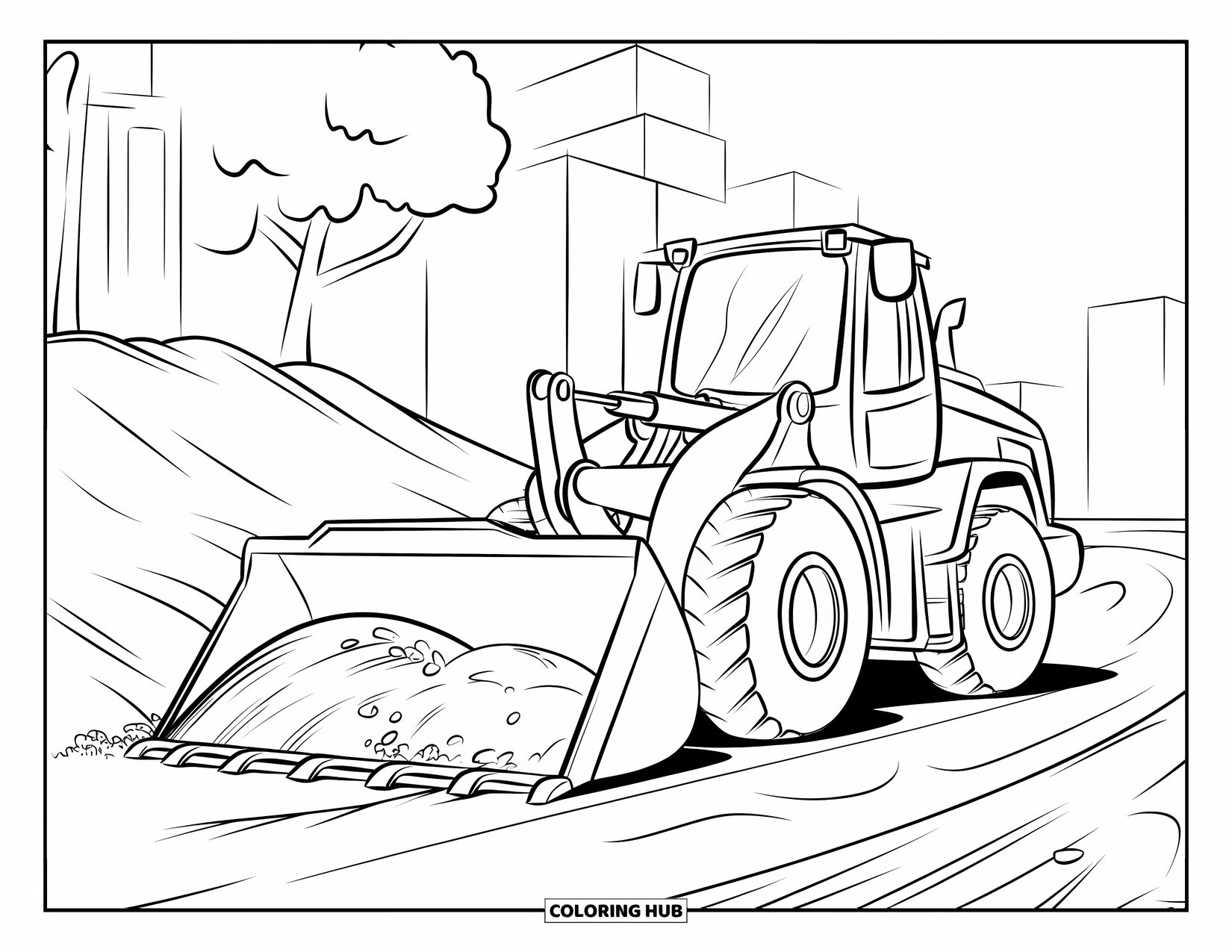 Construction Vehicle Coloring Page for Kids: A smiling front loader moves soil beside a dirt pile with trees