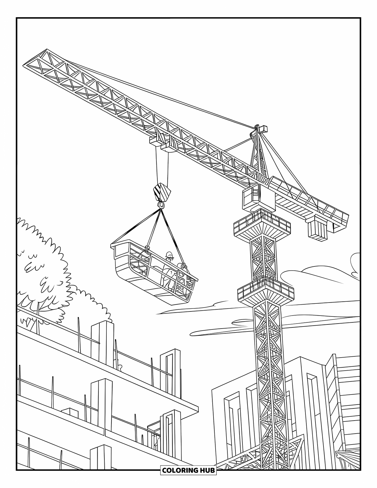 Construction Vehicle Coloring Page for Kids: A tower crane lifts a load above an unfinished structure with workers below