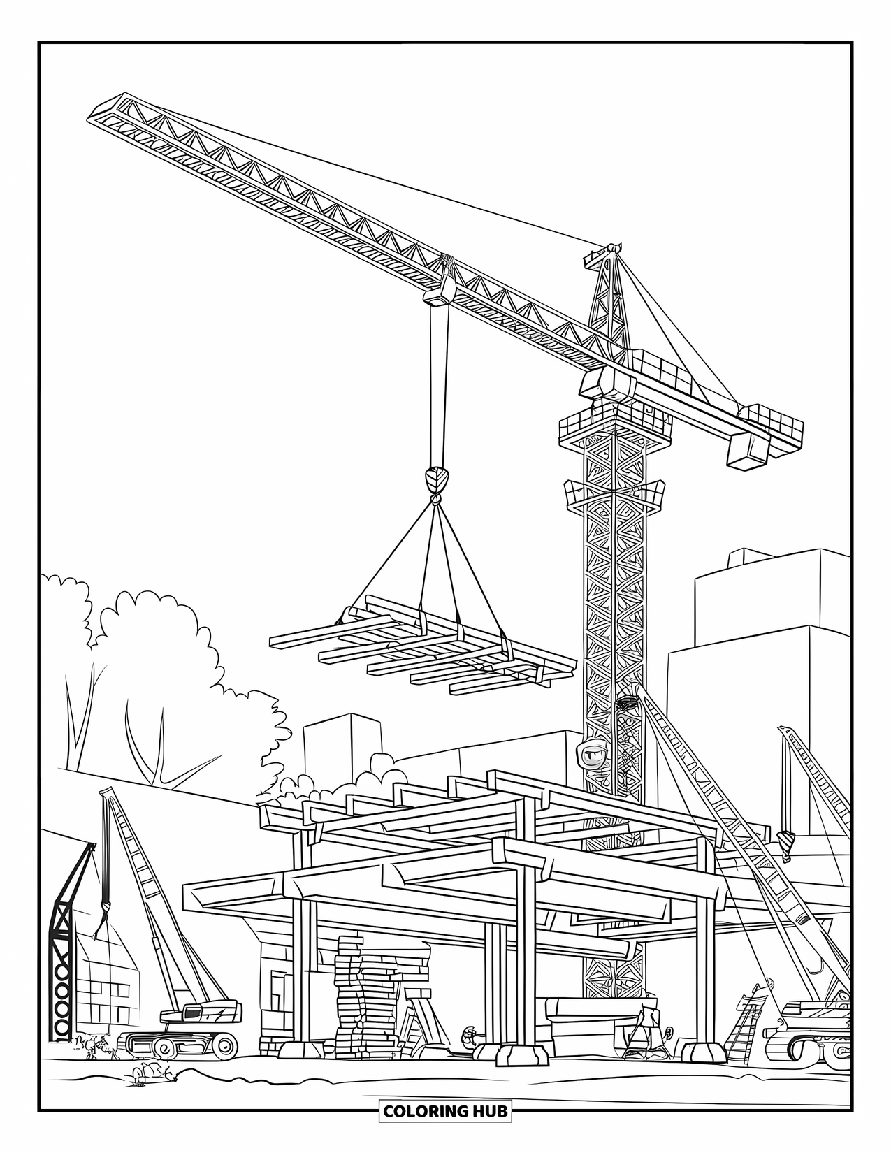 Construction Vehicle Coloring Page for Kids: A tower crane with a long arm lifts over a framework with workers and trees
