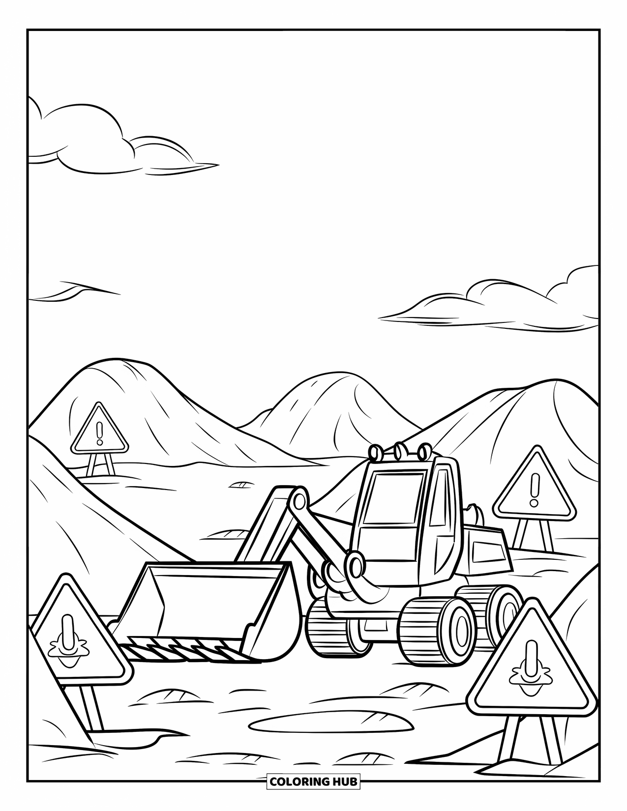 Construction Vehicle Coloring Page for Kids: A trench digger with a bucket operates near dirt piles and warning signs