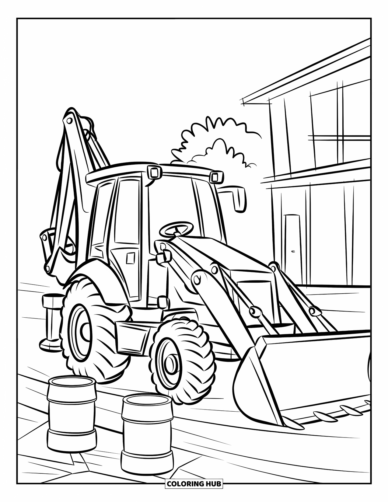 Construction Vehicle Coloring Page for Kids: A yellow backhoe digs near red-and-white barrels by a building