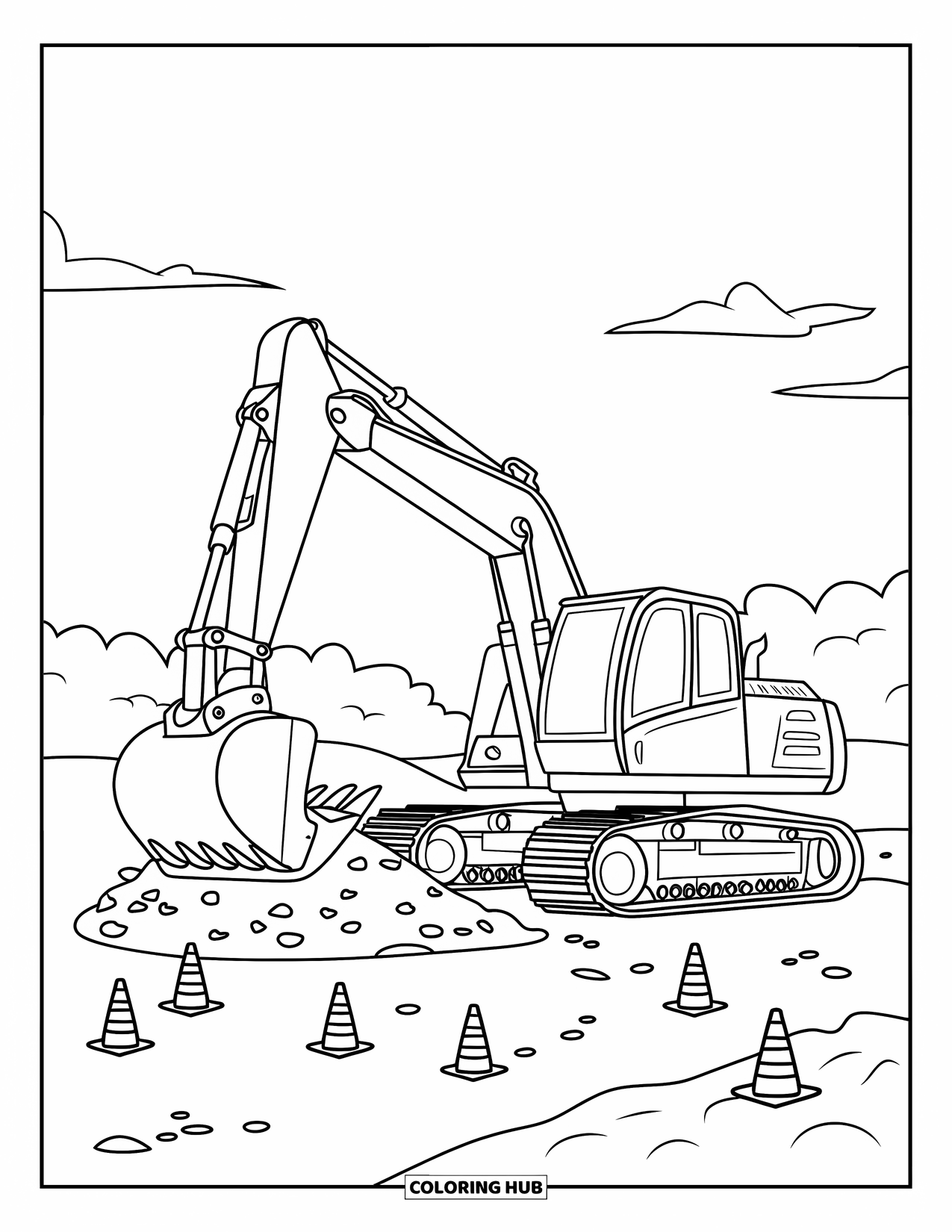 Construction Vehicle Coloring Page for Kids: An excavator scoops dirt at a site with scattered cones