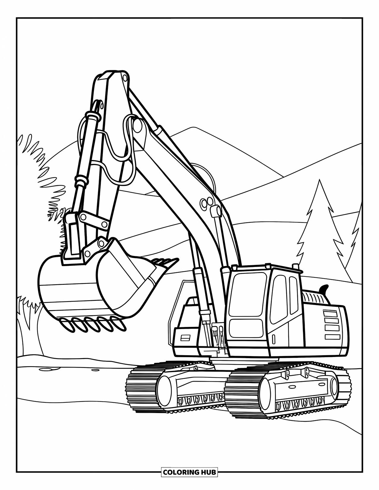 Construction Vehicle Coloring Page for Kids: An excavator with raised bucket is parked with mountains and trees behind