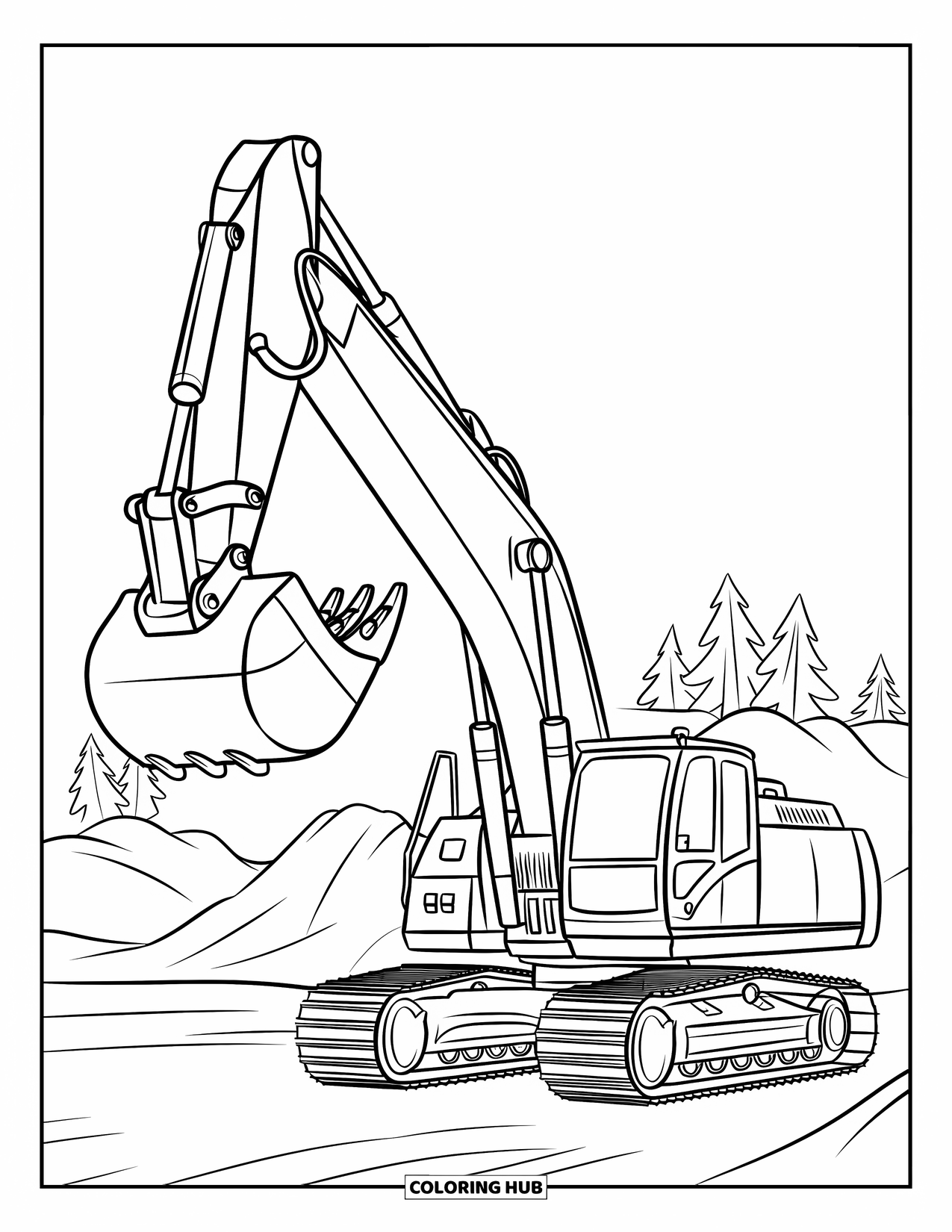 Construction Vehicle Coloring Page for Kids: An excavator with raised bucket works at a dirt site with trees