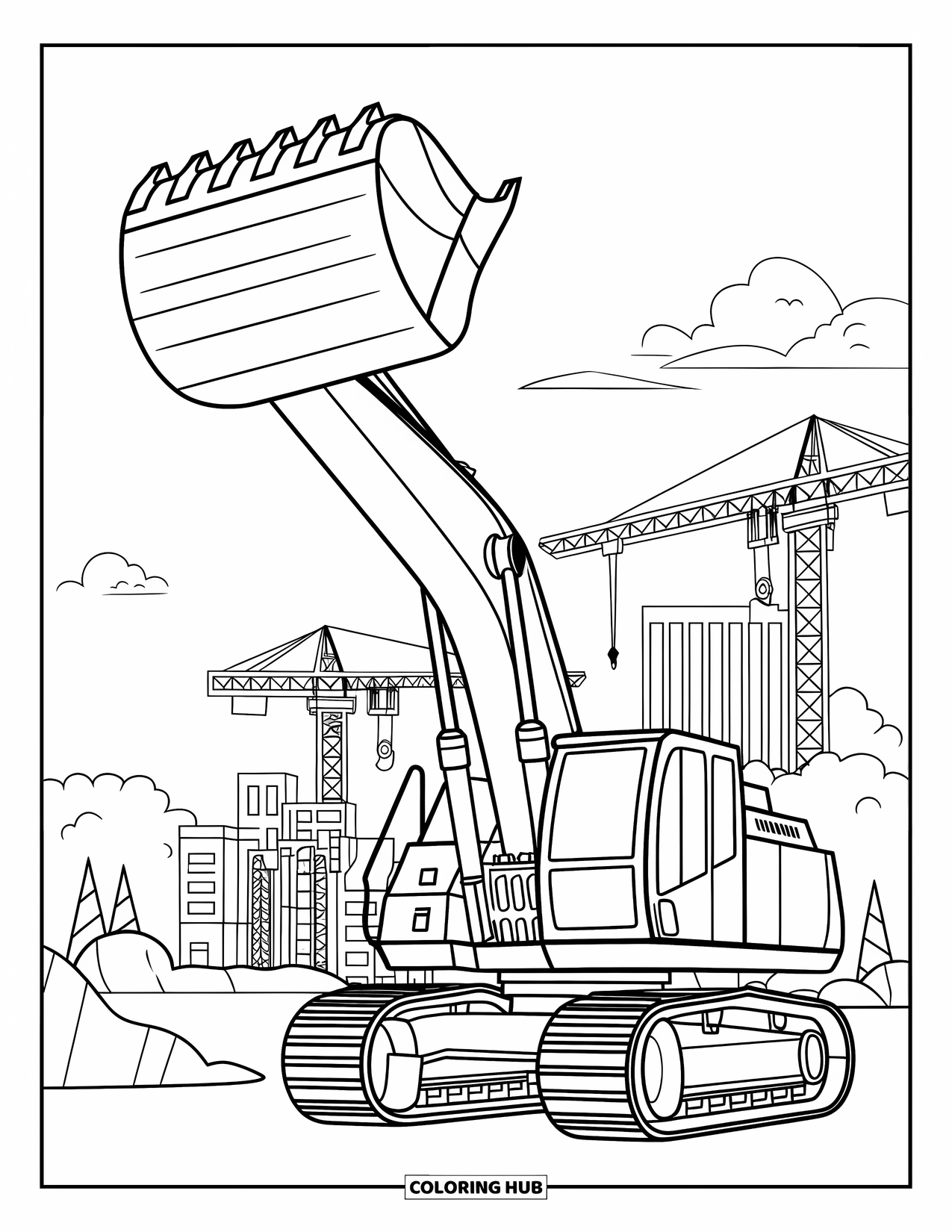 Construction Vehicle Coloring Page for Kids: An excavator with raised bucket works near cranes, buildings, and clouds