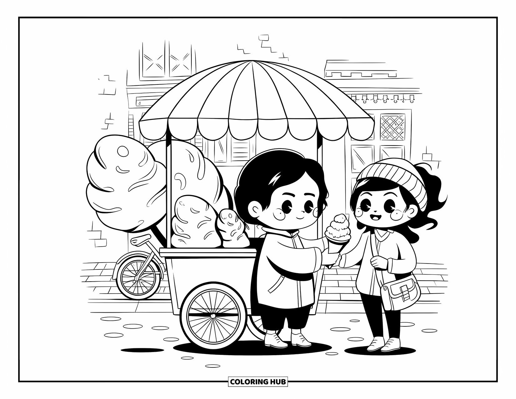 Cotton Candy Coloring Page for Adults: A chibi vendor hands cotton candy to a happy customer beside a swirl-decorated cart
